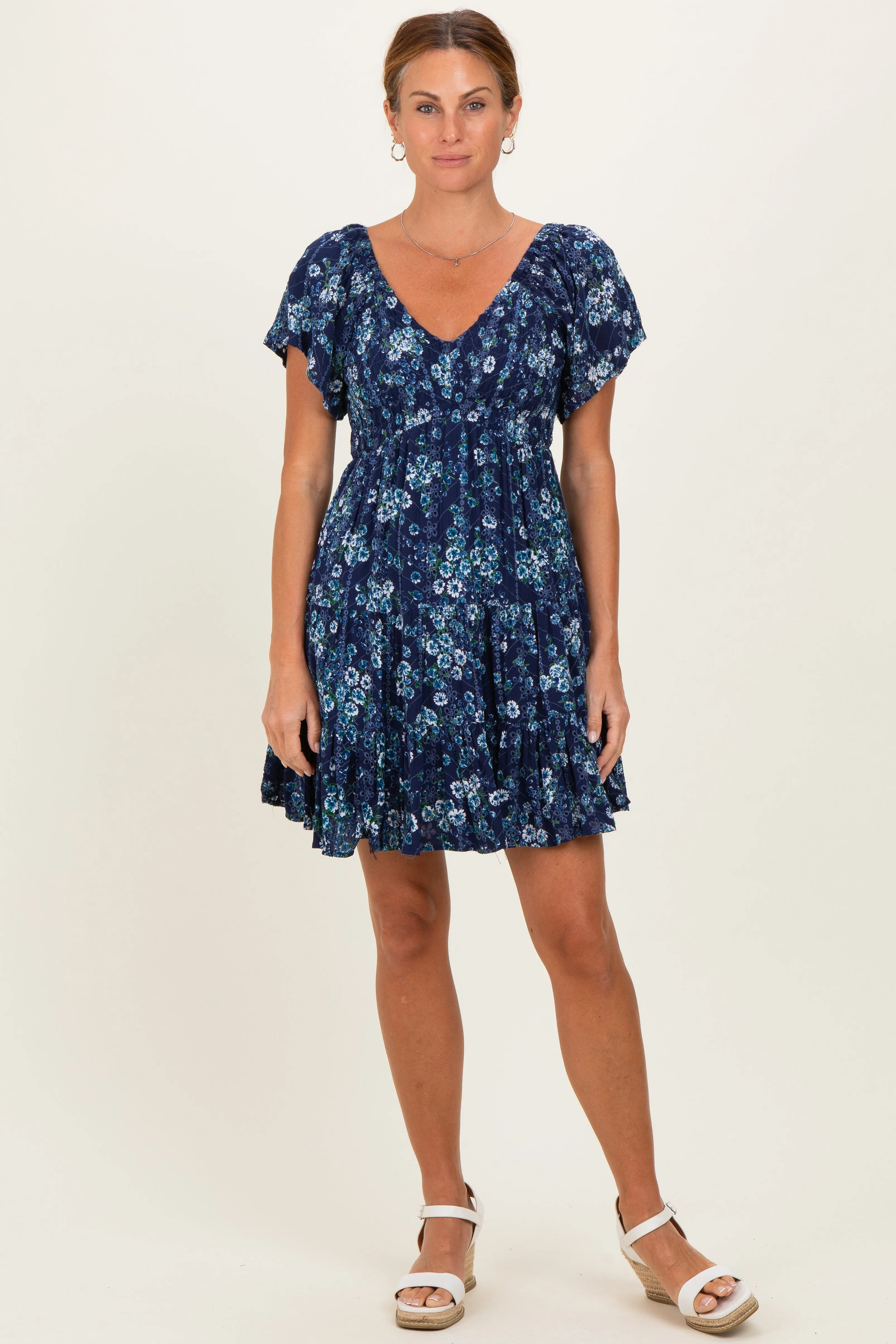 Blue Eyelet Embroidered Printed V Neck Dress sold by Pinkblush product image thumbnail 2