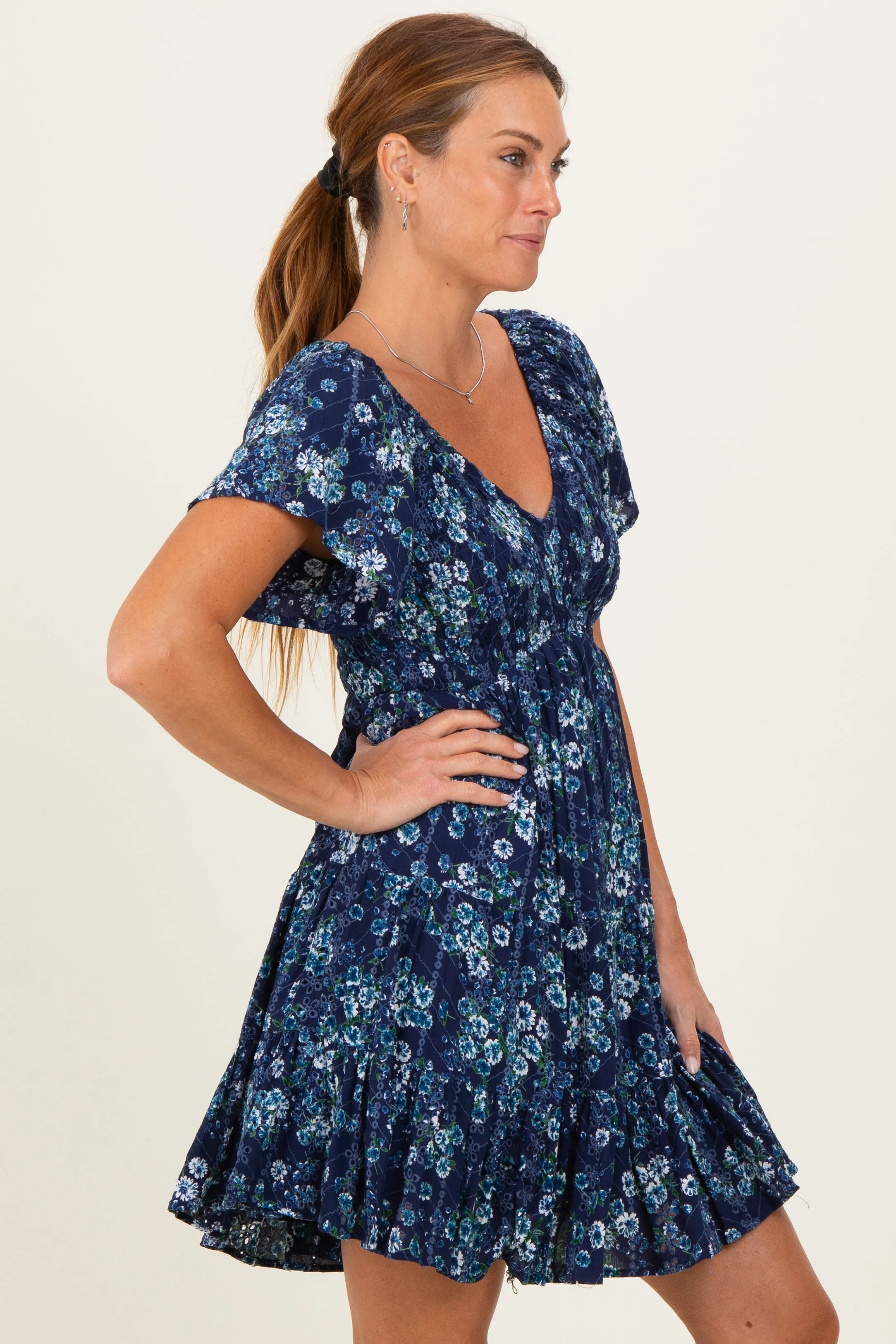 Blue Eyelet Embroidered Printed V Neck Dress sold by Pinkblush product image thumbnail 3