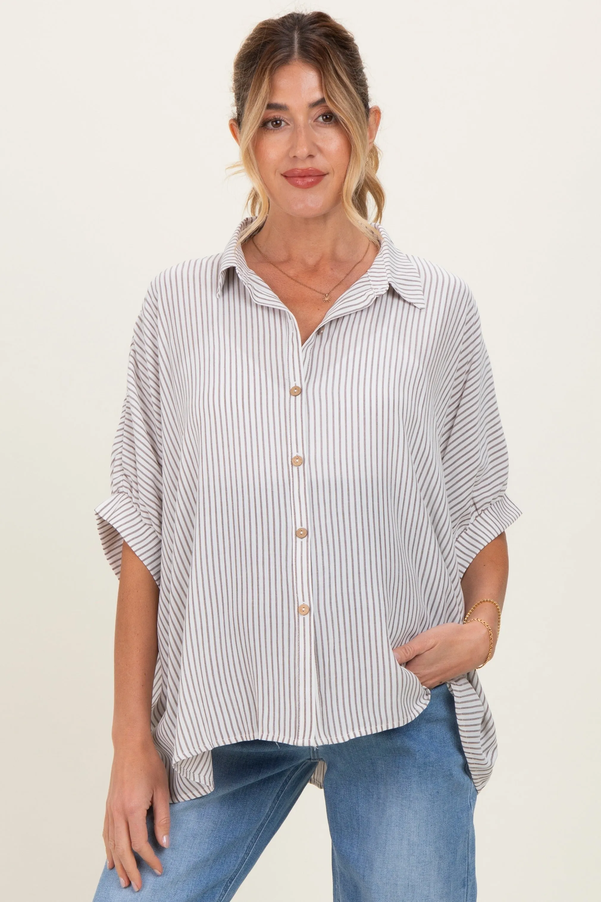Brown Striped Boxy Button Down Maternity Top sold by Pinkblush