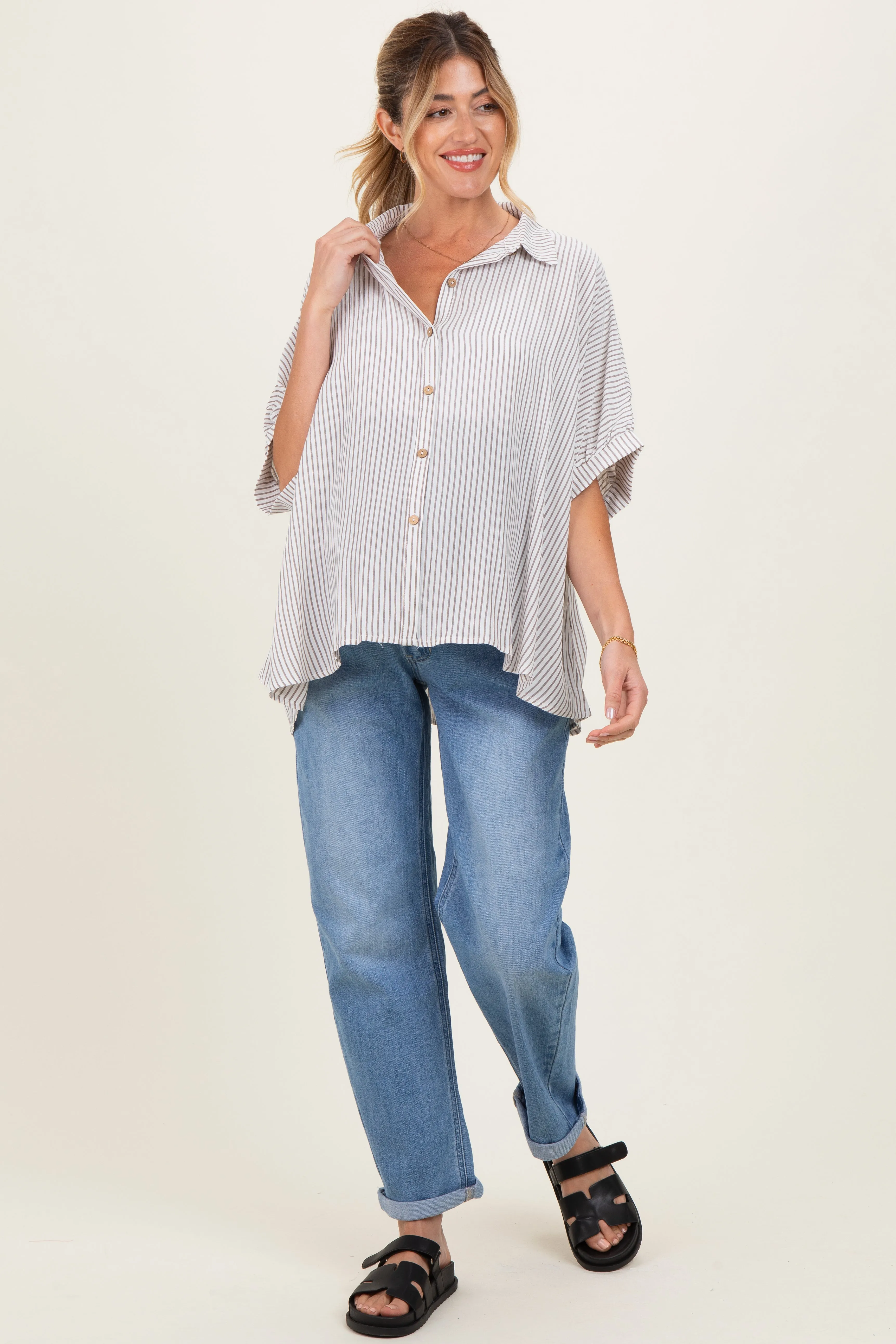 Brown Striped Boxy Button Down Maternity Top sold by Pinkblush product image thumbnail 2