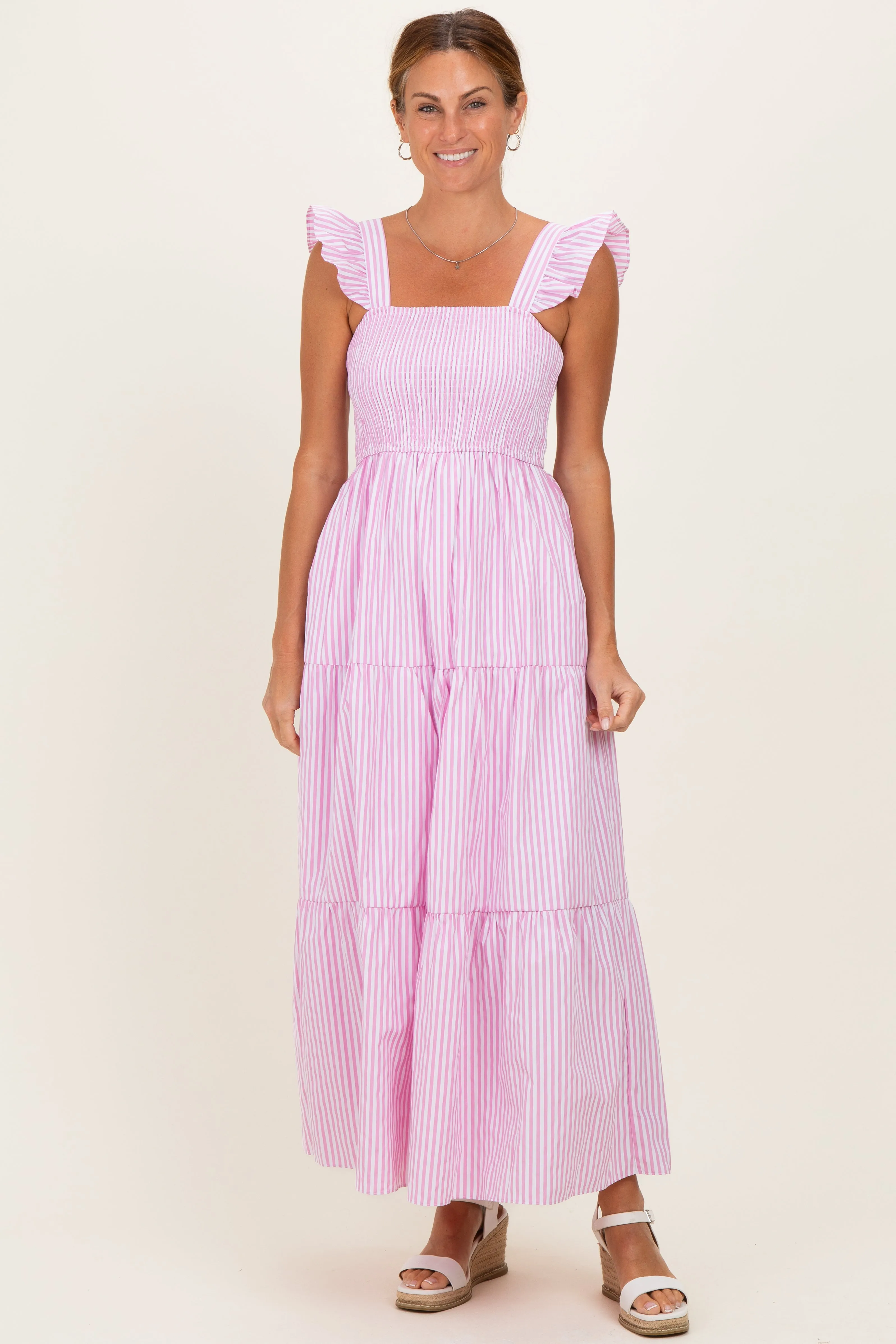 Pink Striped Ruffle Strap Smocked Maxi Dress sold by Pinkblush