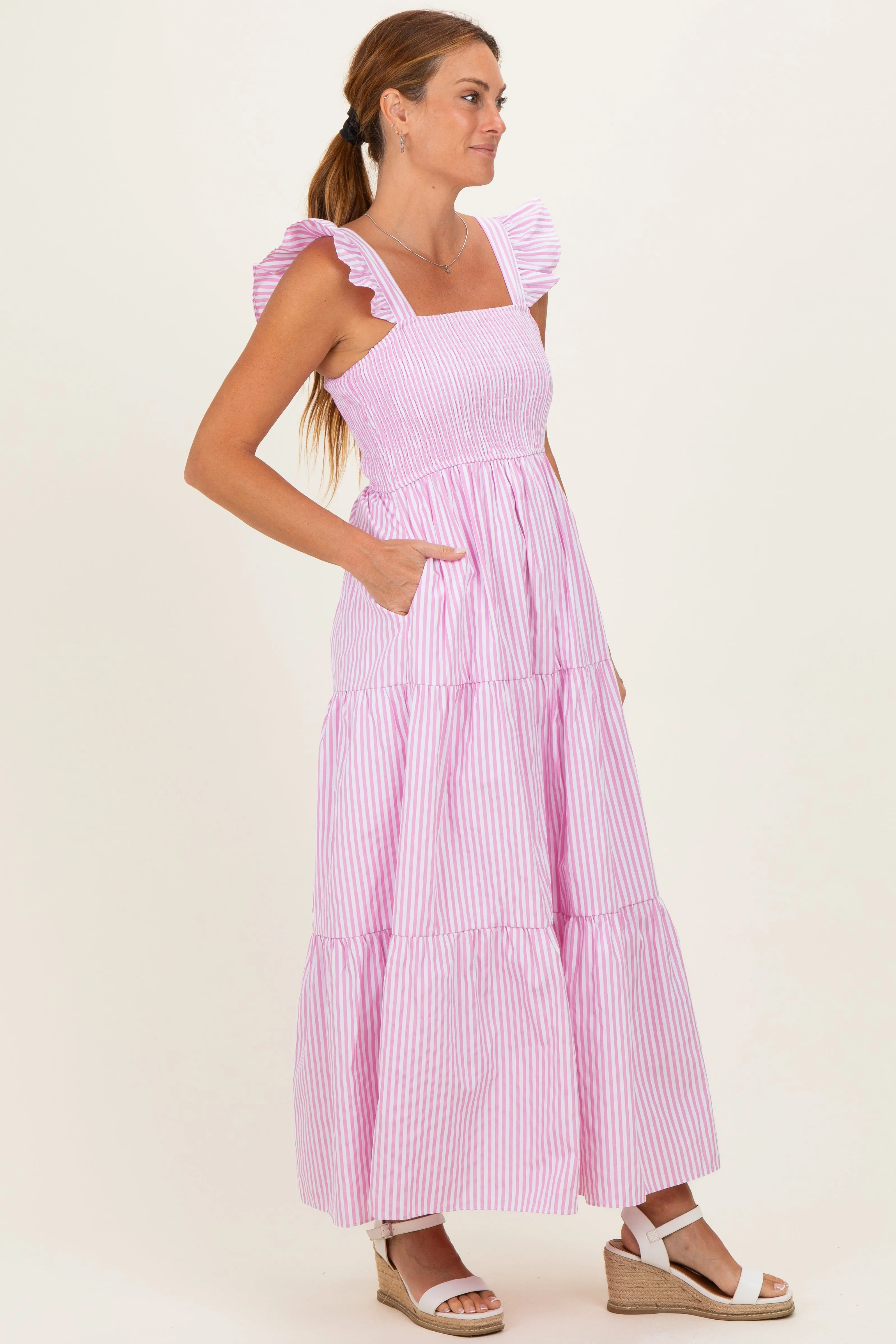 Pink Striped Ruffle Strap Smocked Maxi Dress sold by Pinkblush product image thumbnail 2
