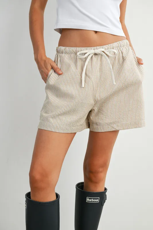 Taupe Striped Drawstring Shorts made by Pinkblush