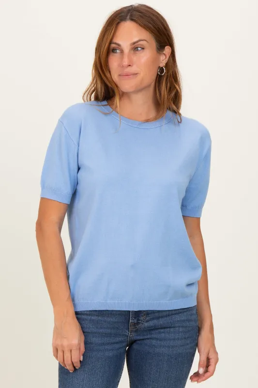 Blue Crew Neck Solid Sweater made by Staccato