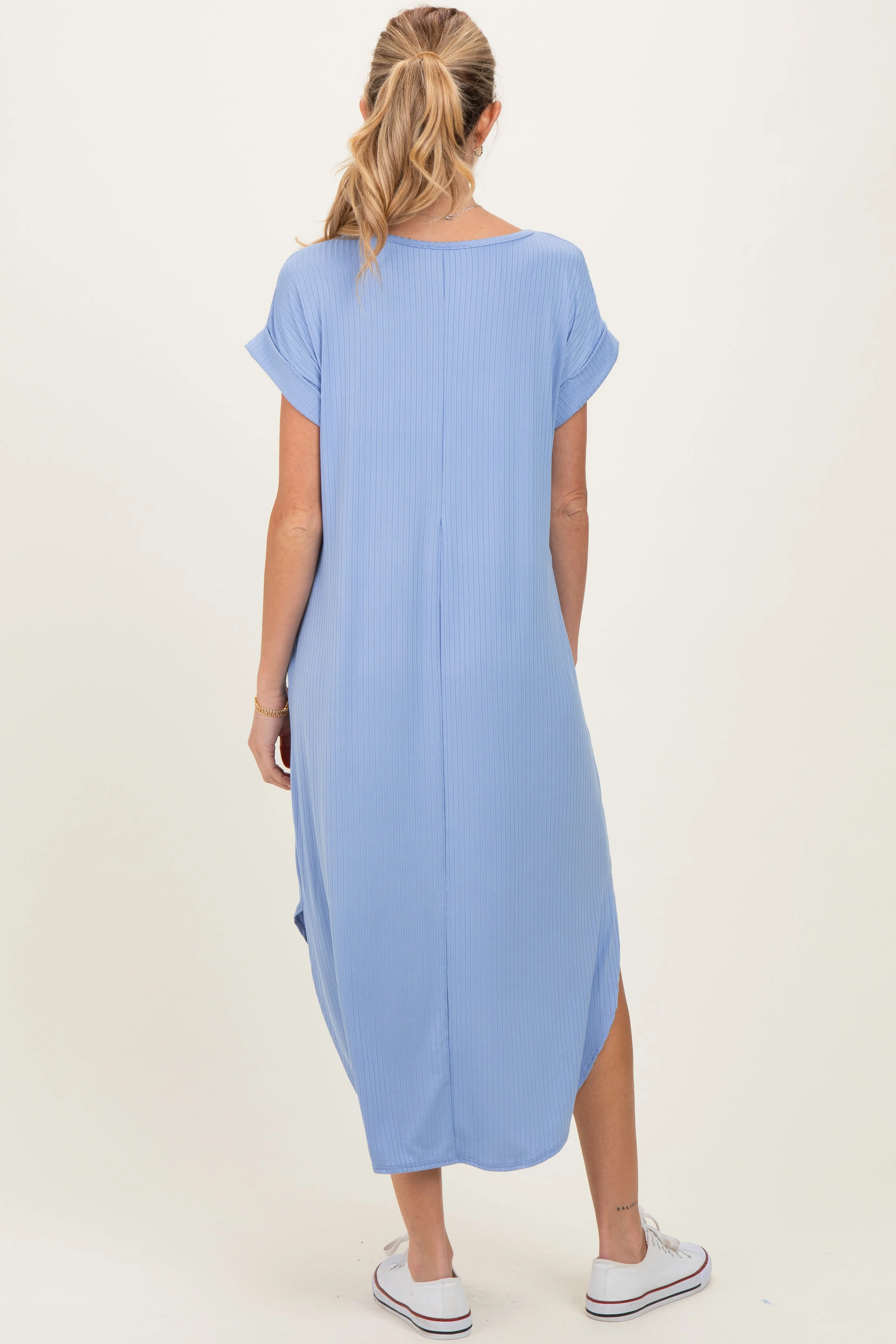 Blue Ribbed Curved Hem Maternity Midi Dress sold by Pinkblush product image thumbnail 4