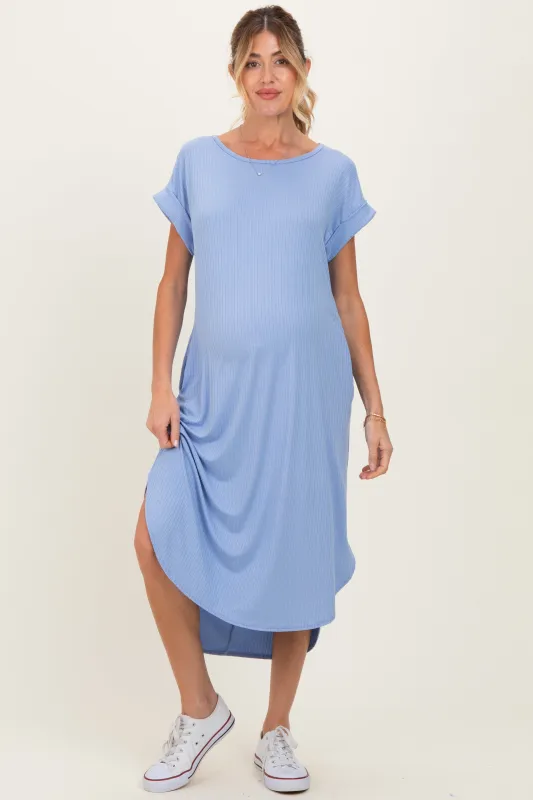 Blue Ribbed Curved Hem Maternity Midi Dress made by Pinkblush