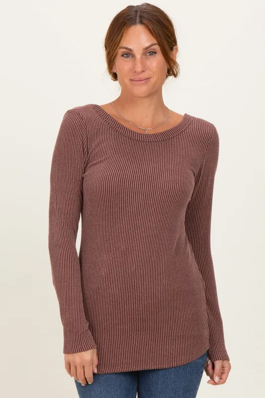 Brown Ribbed Scoop Neck Long Sleeve Top made by Hello MIZ