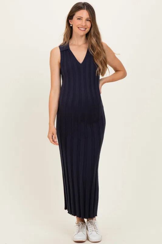 Navy Knit Collared Sleeveless Maternity Maxi Dress made by Able