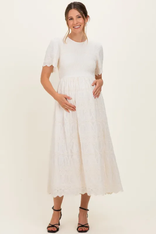 Cream Smocked Embroidered Maternity Midi Dress made by tea n rose