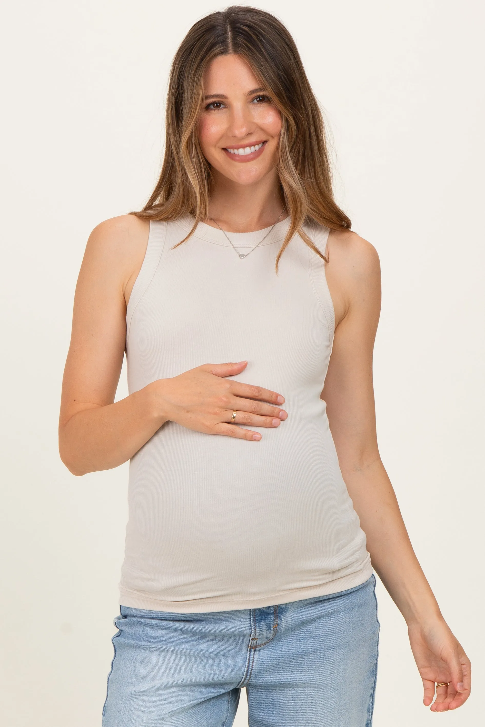 Sand Beige Ribbed High Neck Maternity Tank Top sold by Pinkblush