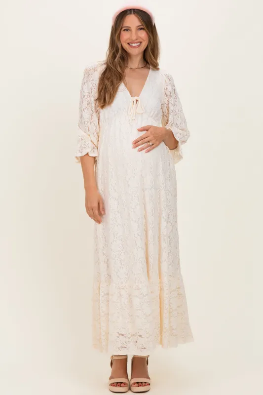 Ivory Floral Lace 3/4 Ruffle Sleeve V-Neck Maternity Maxi Dress made by Pinkblush