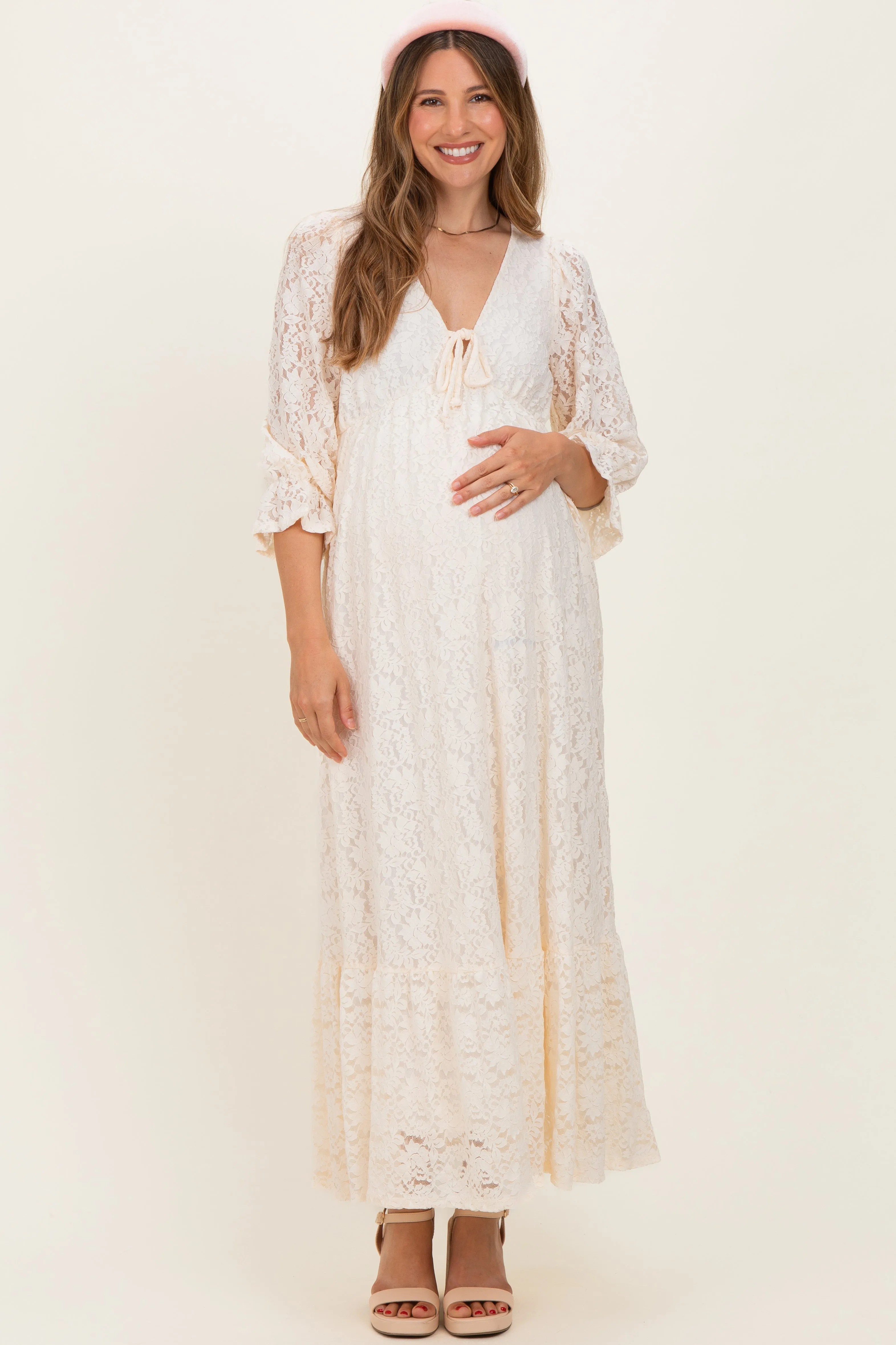 Ivory Floral Lace 3/4 Ruffle Sleeve V-Neck Maternity Maxi Dress sold by Pinkblush