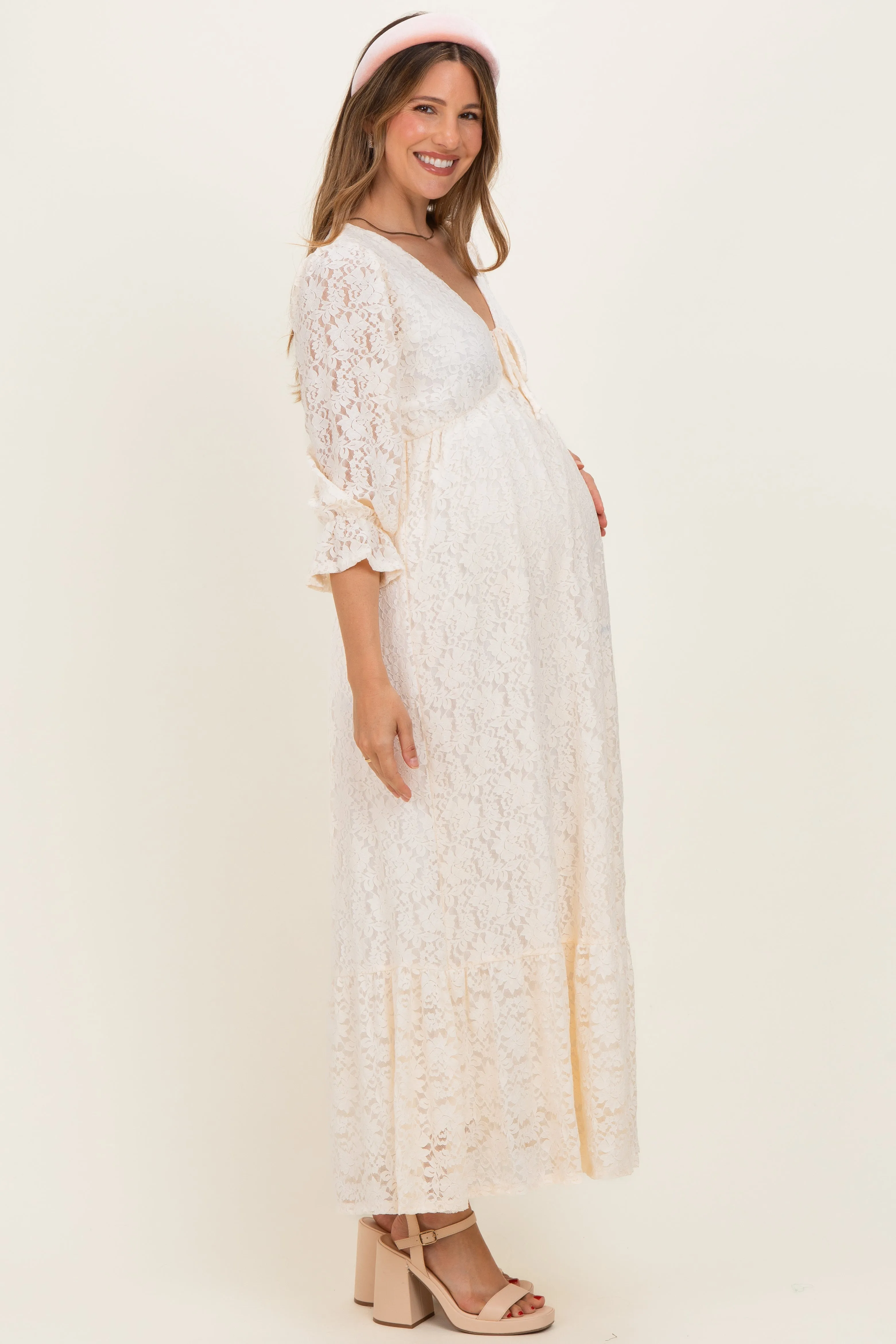 Ivory Floral Lace 3/4 Ruffle Sleeve V-Neck Maternity Maxi Dress sold by Pinkblush product image thumbnail 2