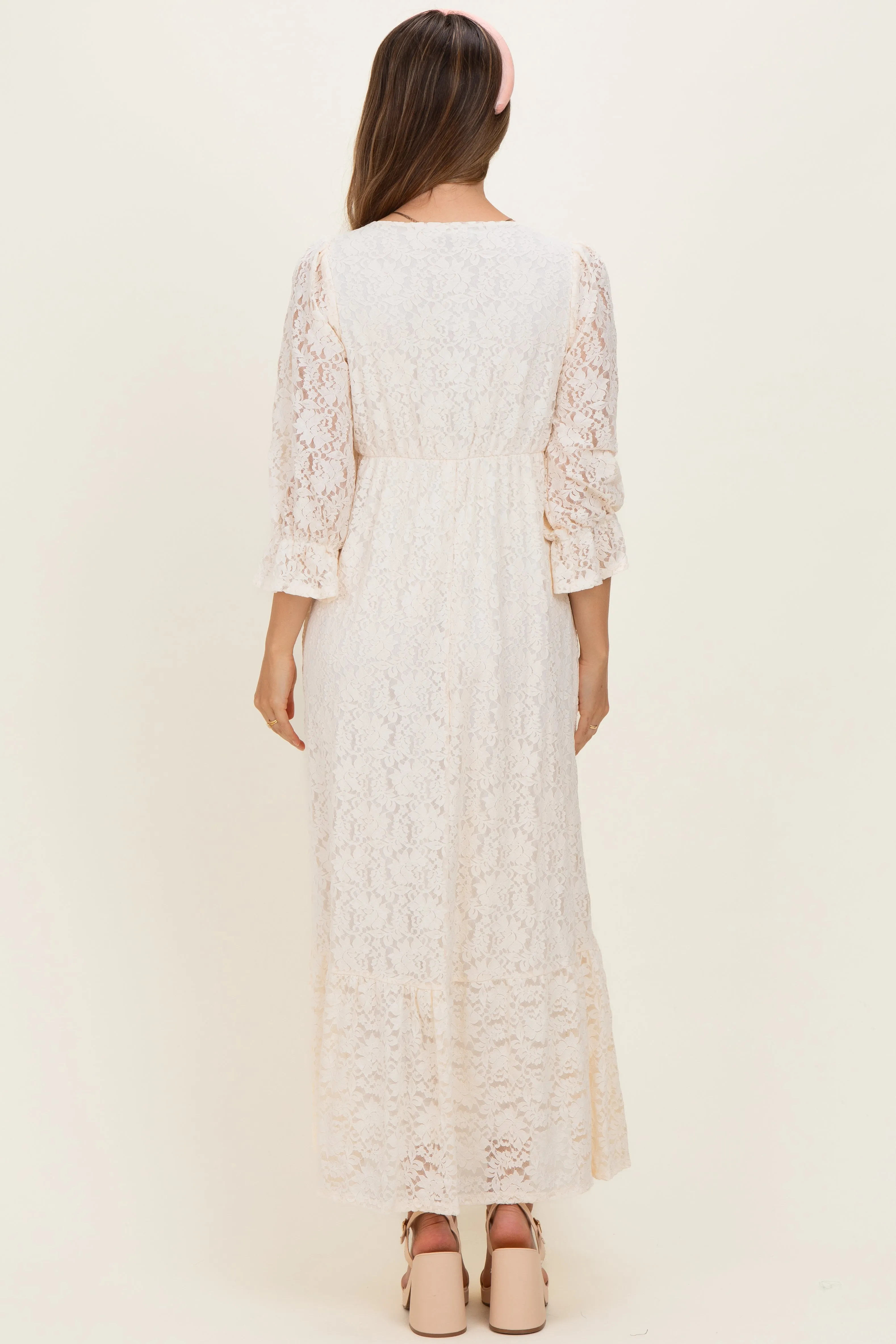 Ivory Floral Lace 3/4 Ruffle Sleeve V-Neck Maternity Maxi Dress sold by Pinkblush product image thumbnail 3