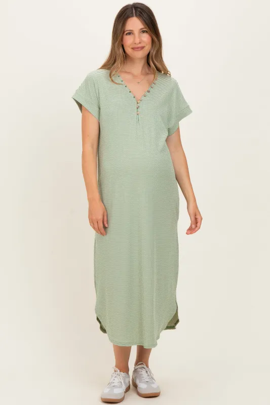 Sage Striped Button Detail Maternity Midi Dress made by Polagram