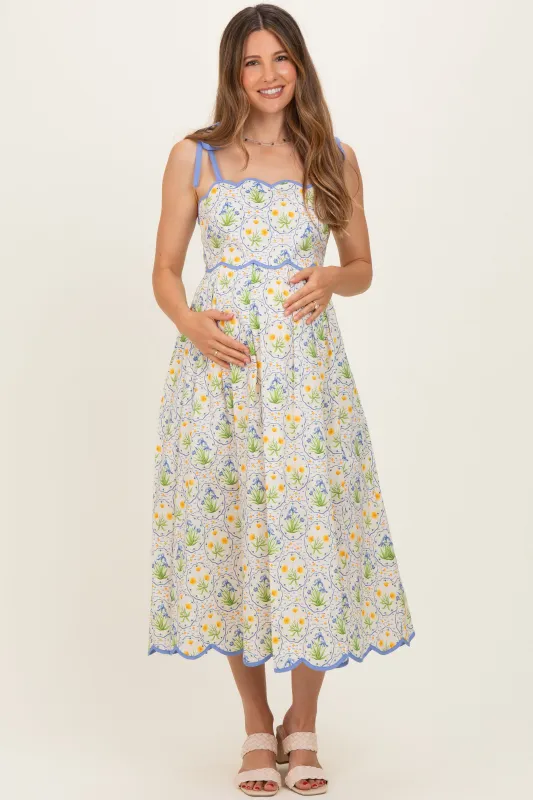 Blue Floral Scallop Accent Shoulder Tie Maternity Midi Dress made by entro