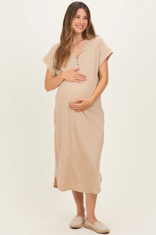 Camel Striped Button Detail Maternity Midi Dress made by Polagram