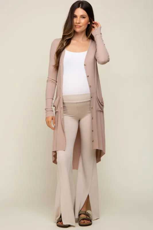 Beige Button Front Knit Maternity Cardigan made by Pinkblush