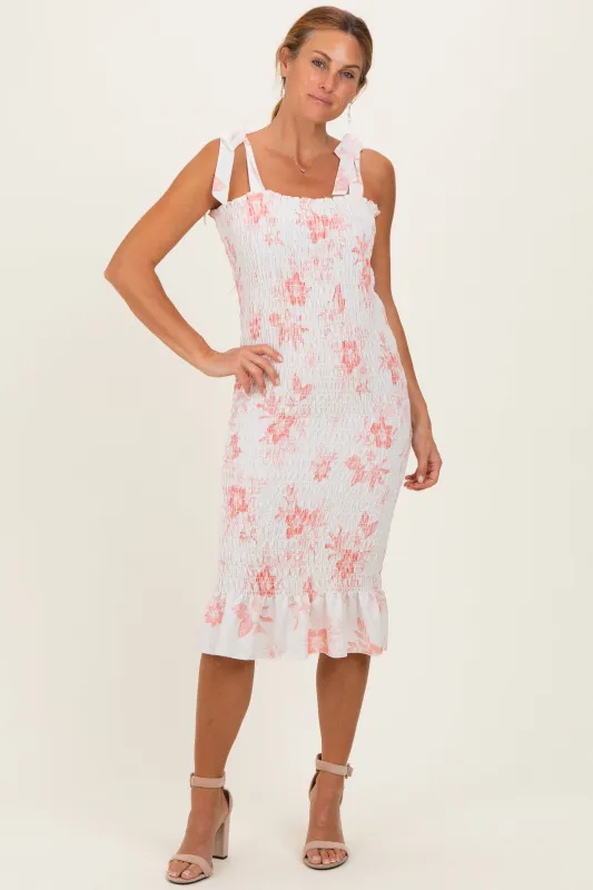 Peach Floral Shoulder Tie Fitted Midi Dress made by Hello MIZ