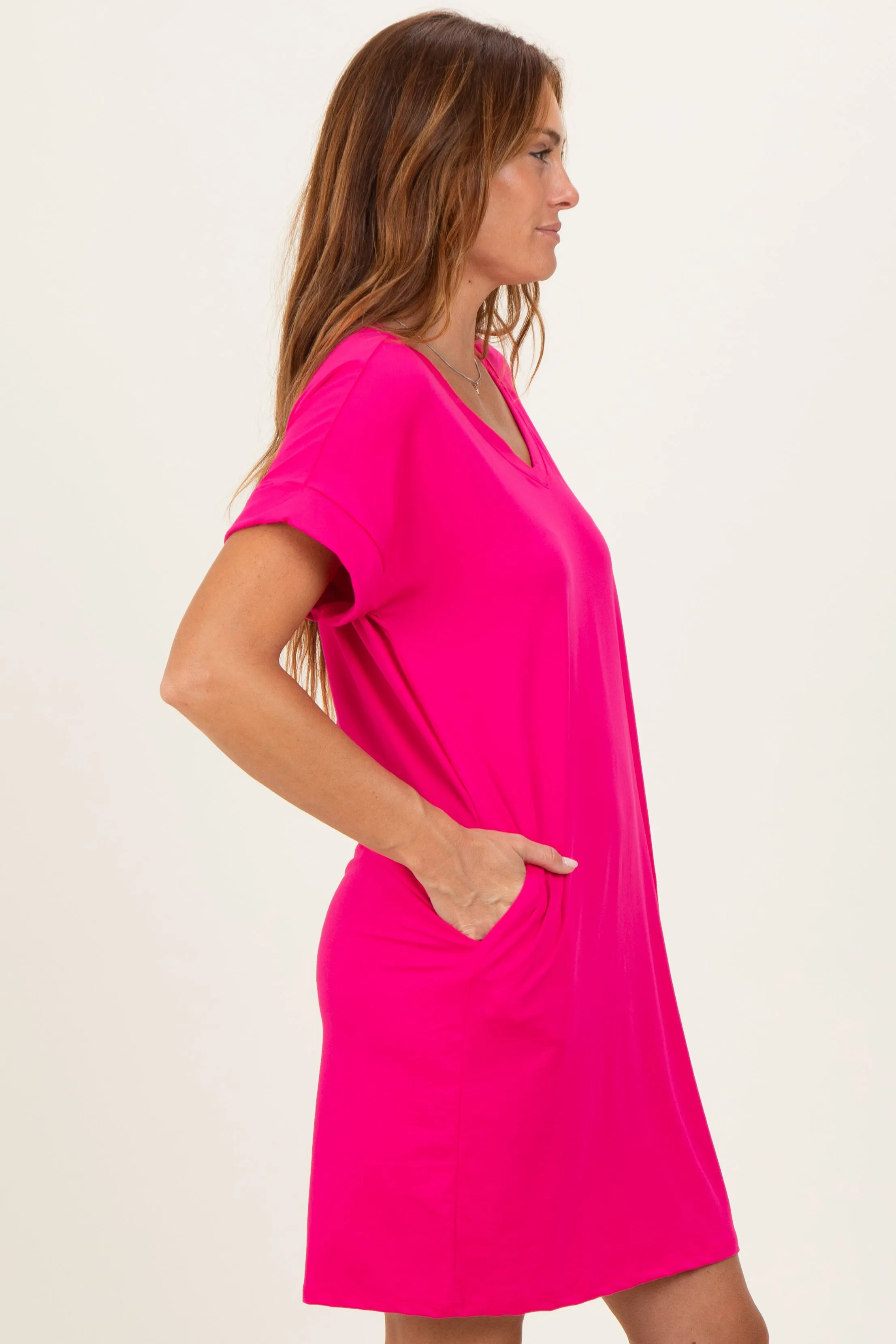 Hot Pink Brushed Rolled Short Sleeve V-Neck Dress sold by Pinkblush product image thumbnail 3