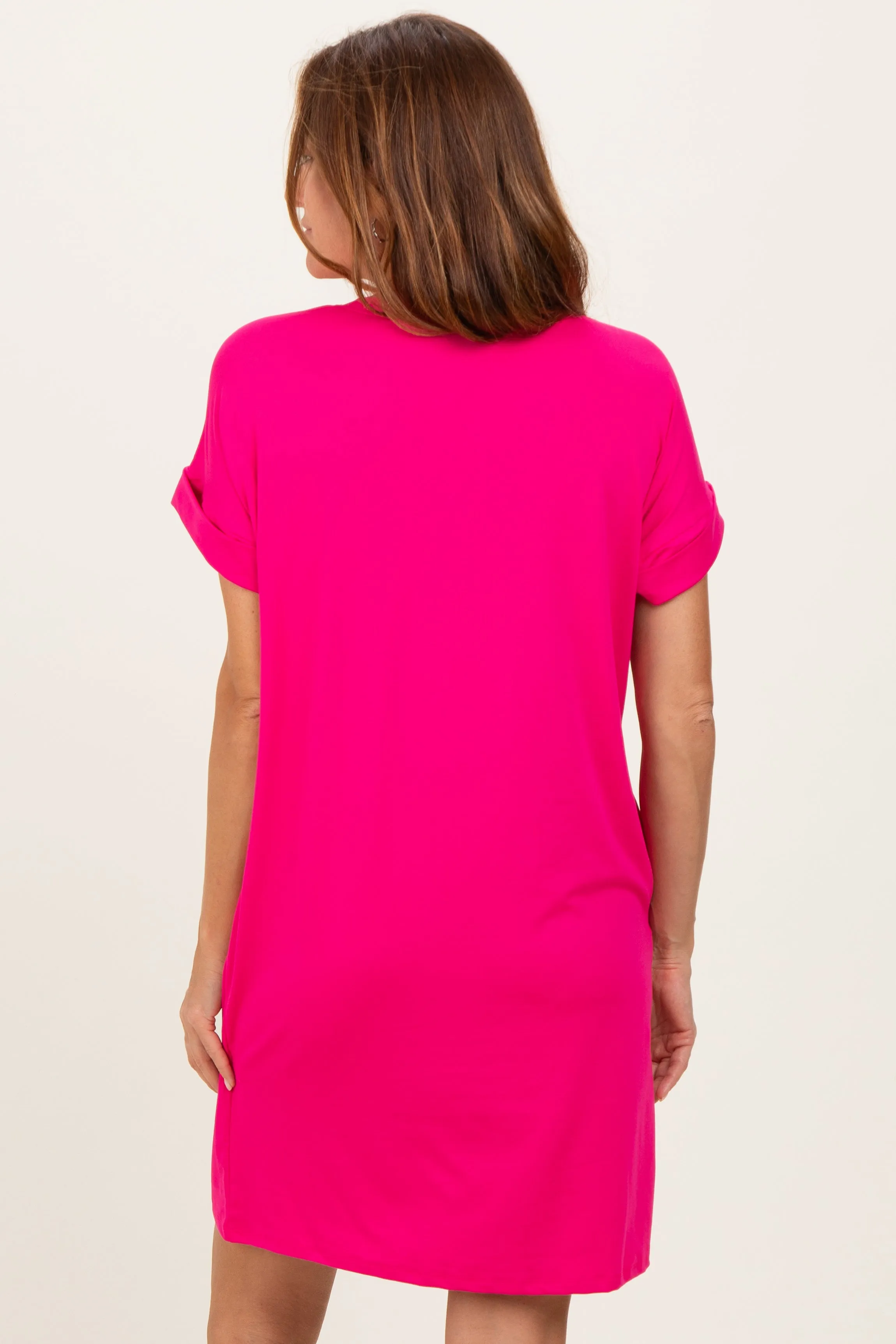 Hot Pink Brushed Rolled Short Sleeve V-Neck Dress sold by Pinkblush product image thumbnail 4