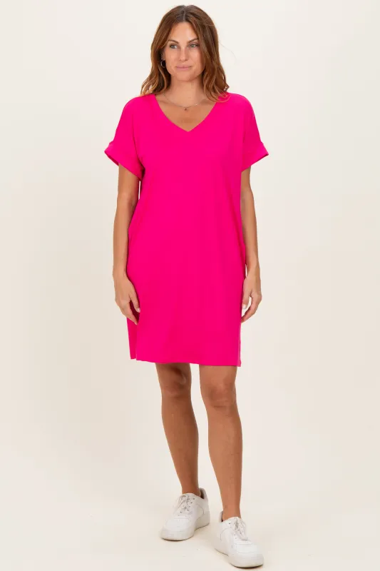 Hot Pink Brushed Rolled Short Sleeve V-Neck Dress made by Zenana Outfitters