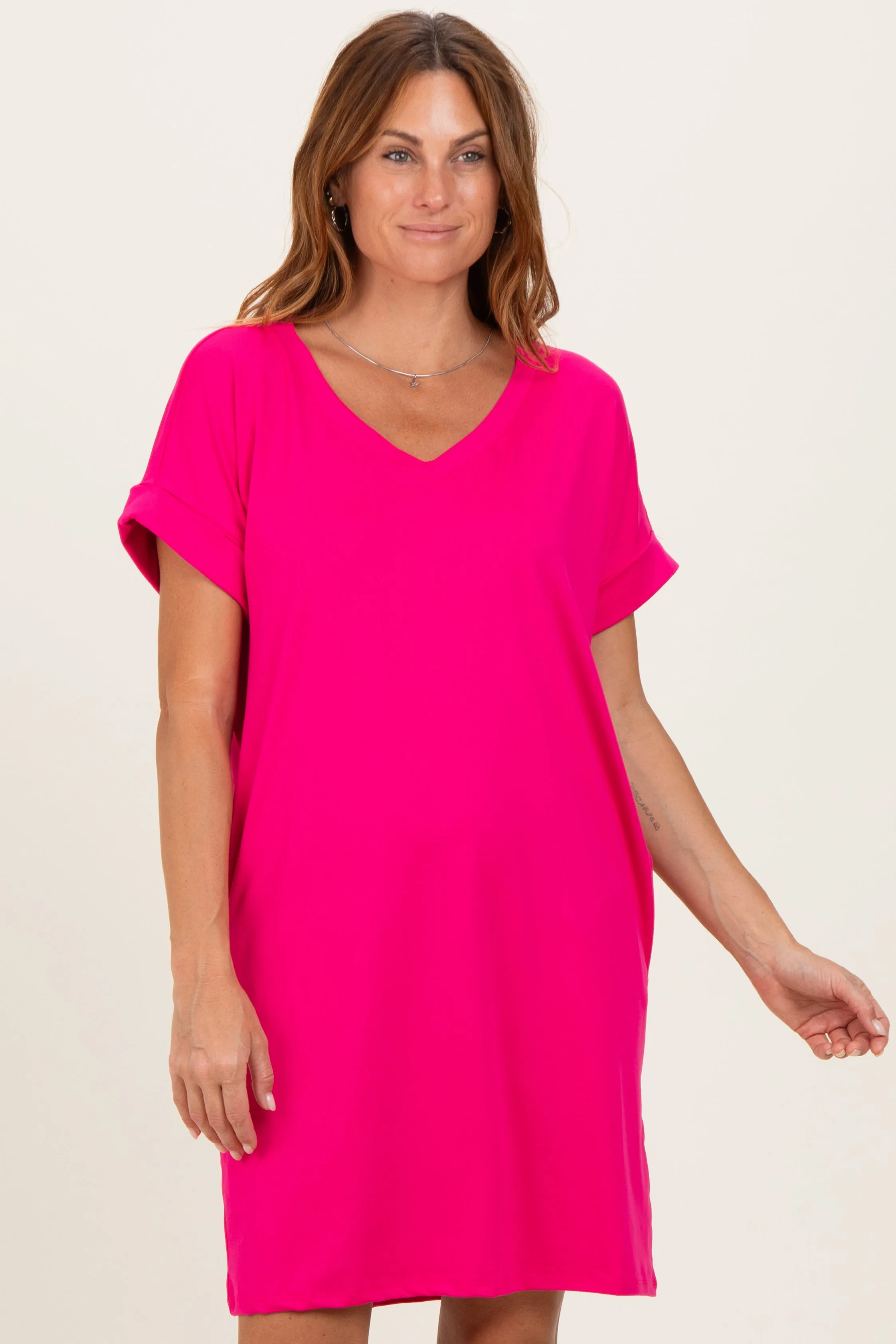 Hot Pink Brushed Rolled Short Sleeve V-Neck Dress sold by Pinkblush product image thumbnail 2