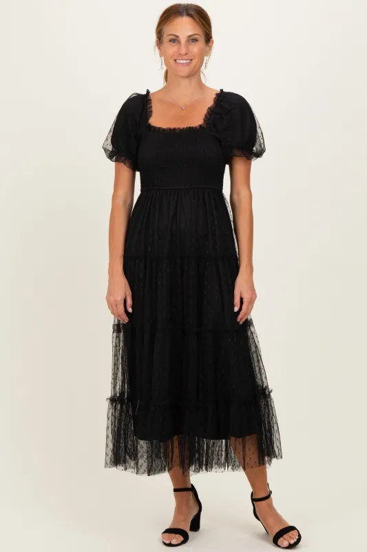 Black Tulle Puff Sleeve Smocked Midi Dress made by Pinkblush