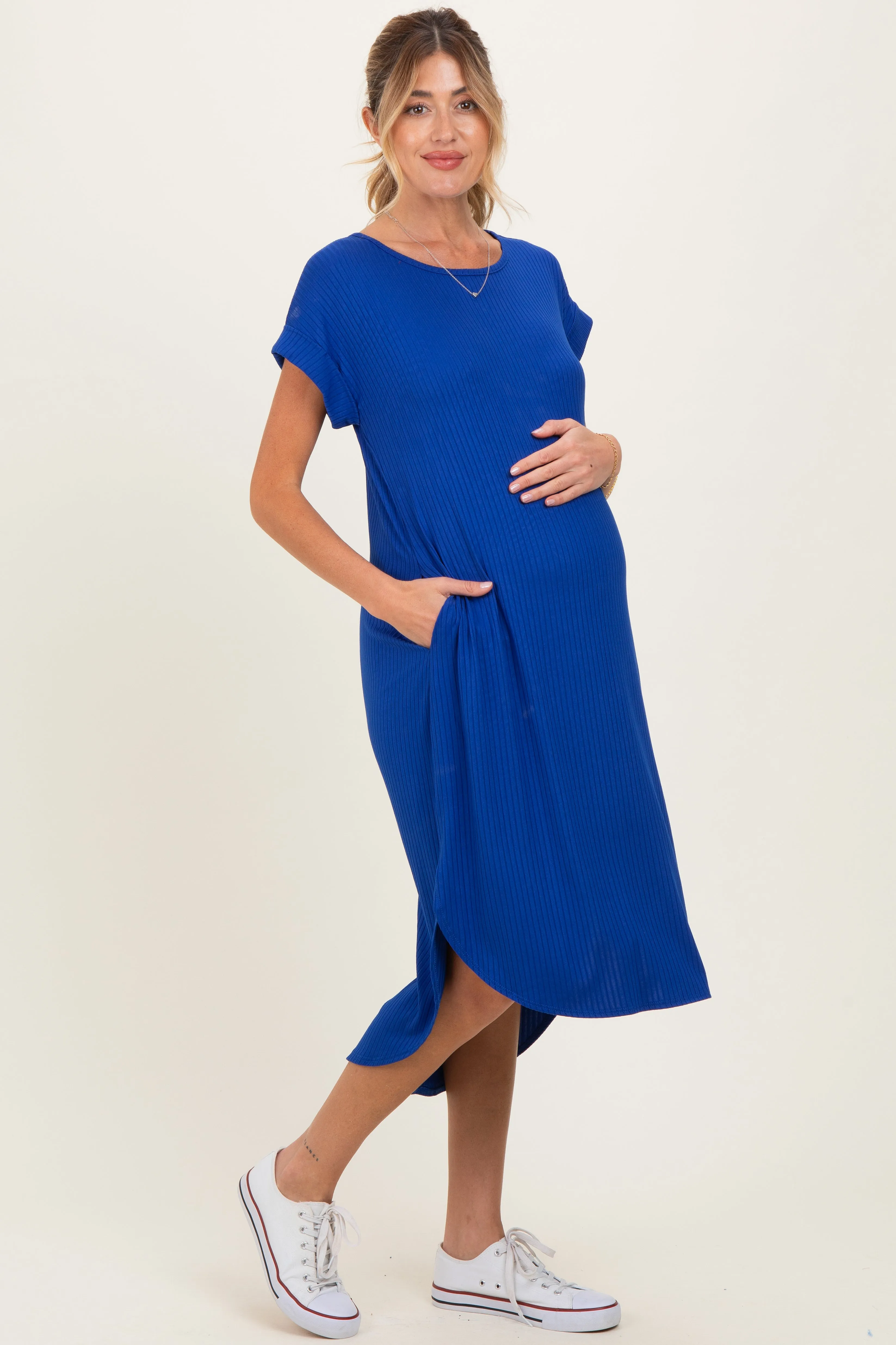Royal Ribbed Curved Hem Maternity Midi Dress sold by Pinkblush product image thumbnail 3