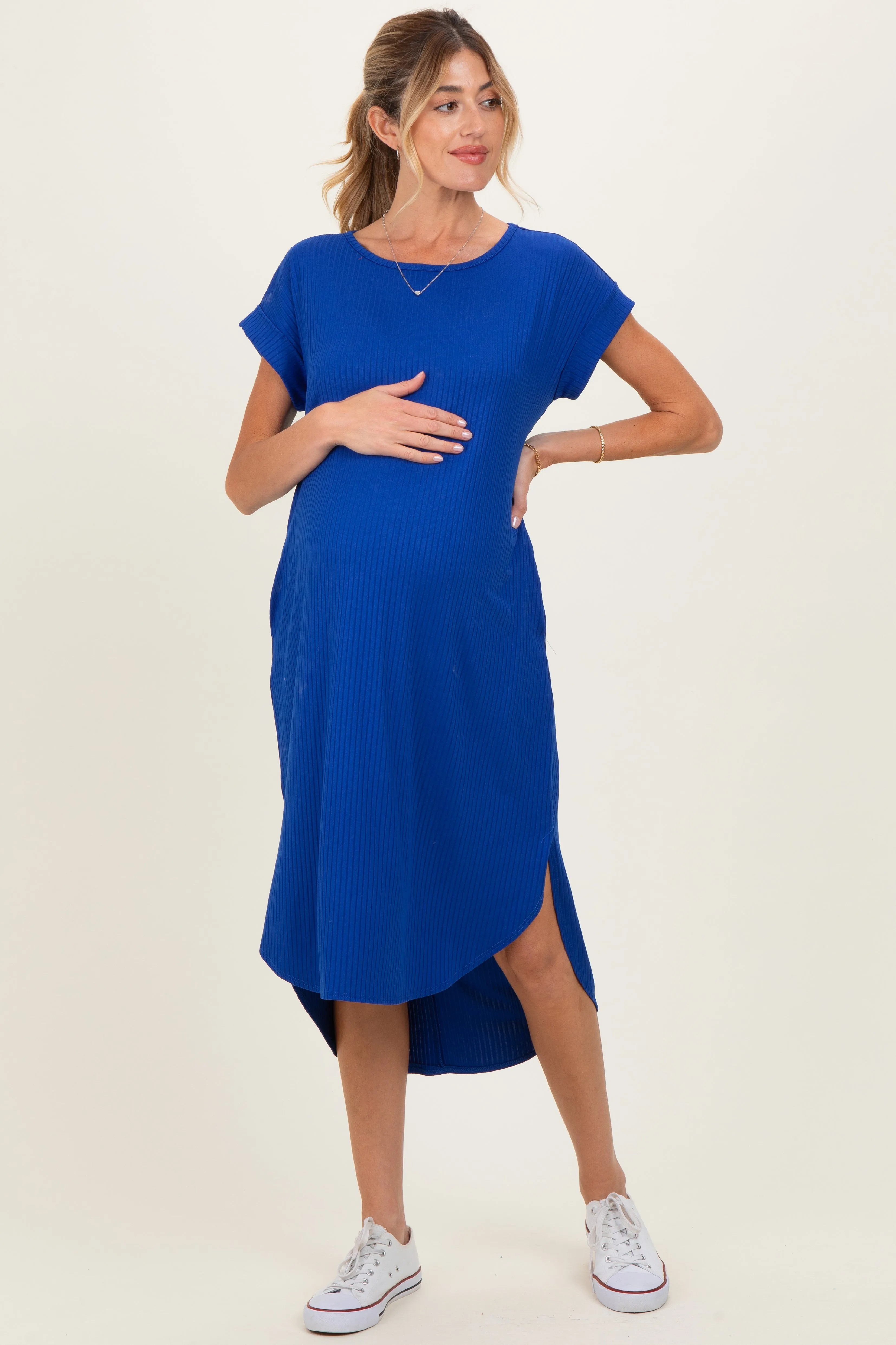 Royal Ribbed Curved Hem Maternity Midi Dress sold by Pinkblush product image thumbnail 2