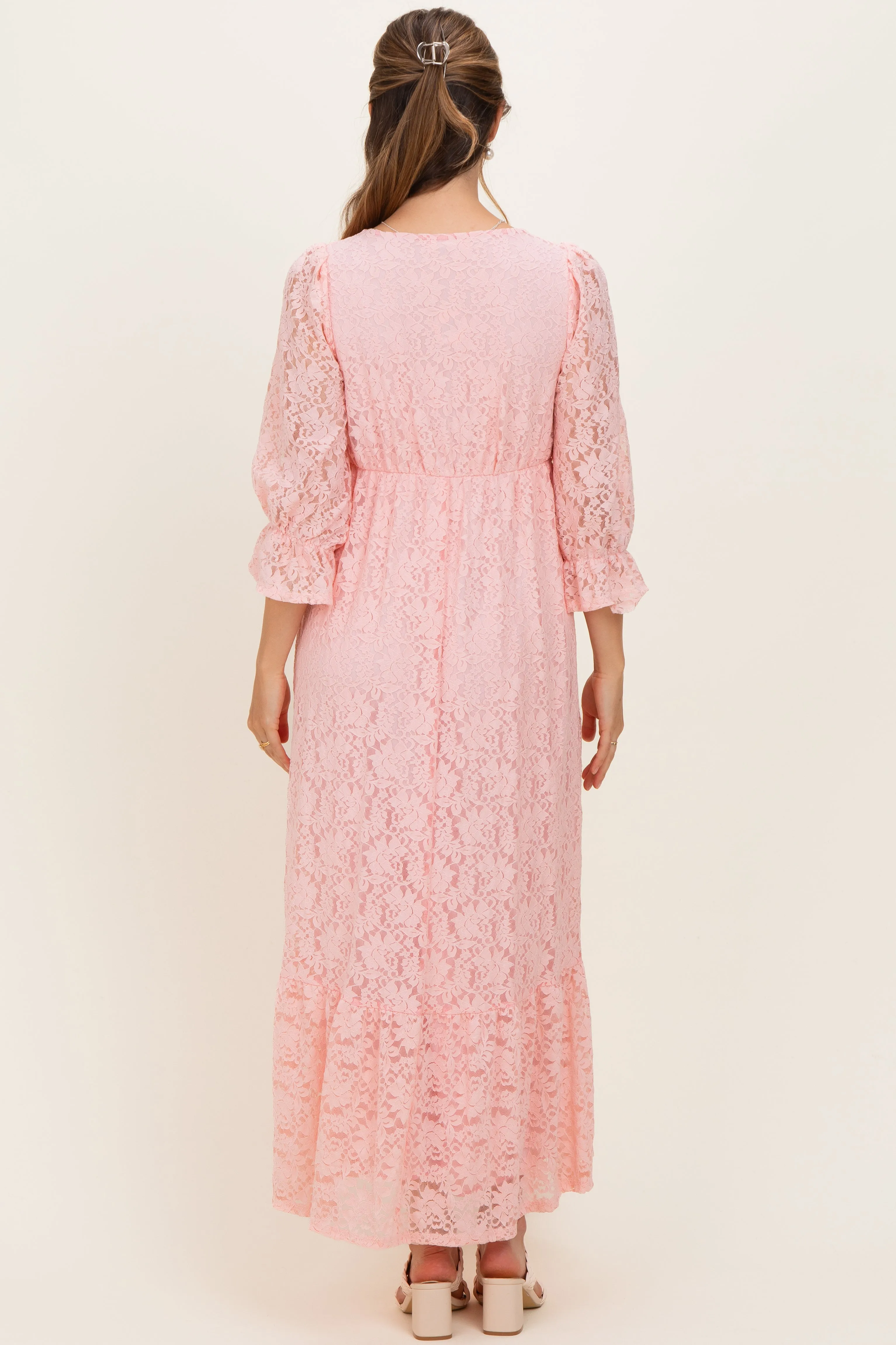 Light Pink Floral Lace 3/4 Ruffle Sleeve V-Neck Maternity Maxi Dress sold by Pinkblush product image thumbnail 4