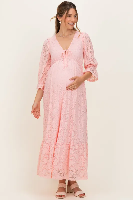 Light Pink Floral Lace 3/4 Ruffle Sleeve V-Neck Maternity Maxi Dress made by Pinkblush