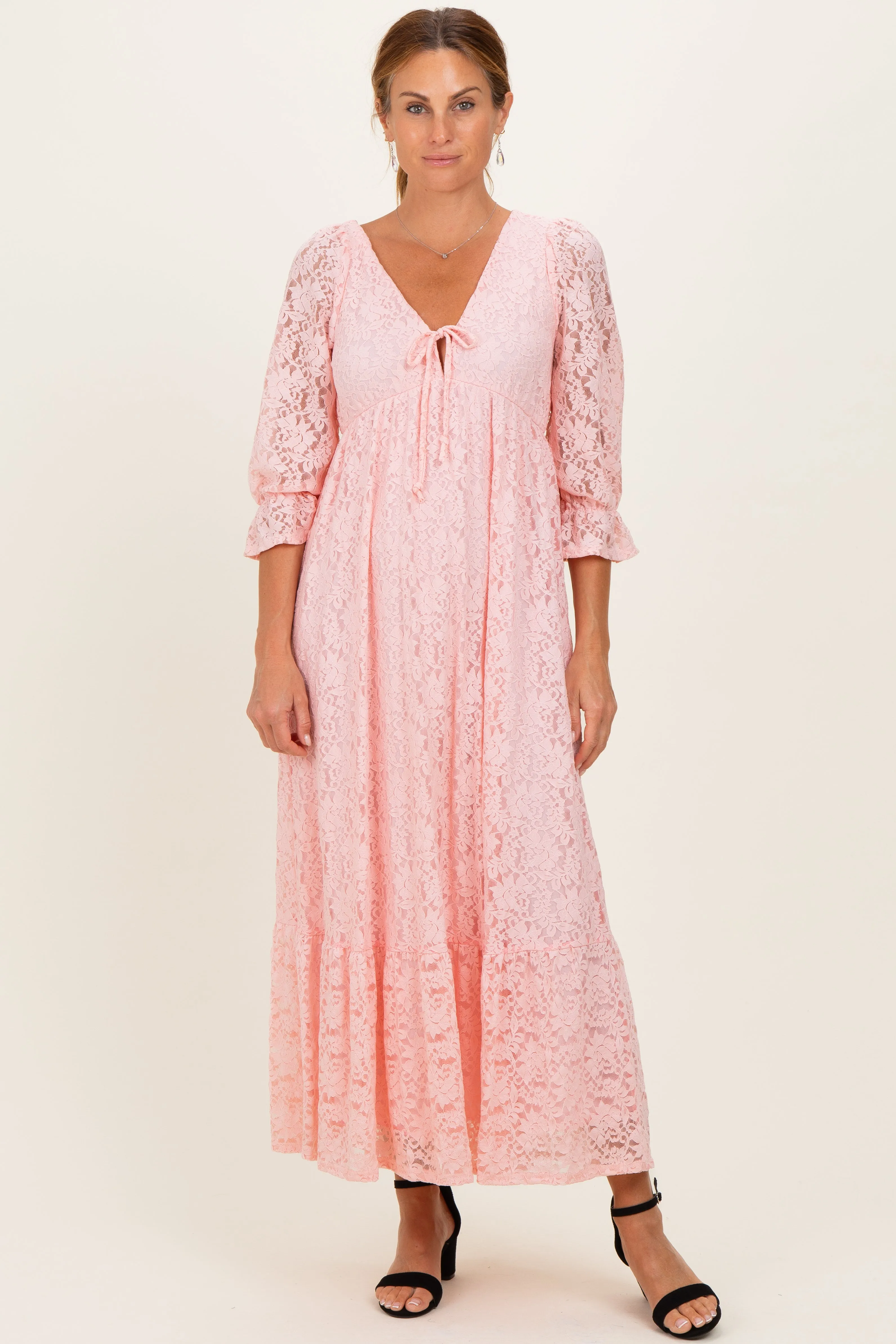 Light Pink Floral Lace 3/4 Ruffle Sleeve V-Neck Maternity Maxi Dress sold by Pinkblush product image thumbnail 5