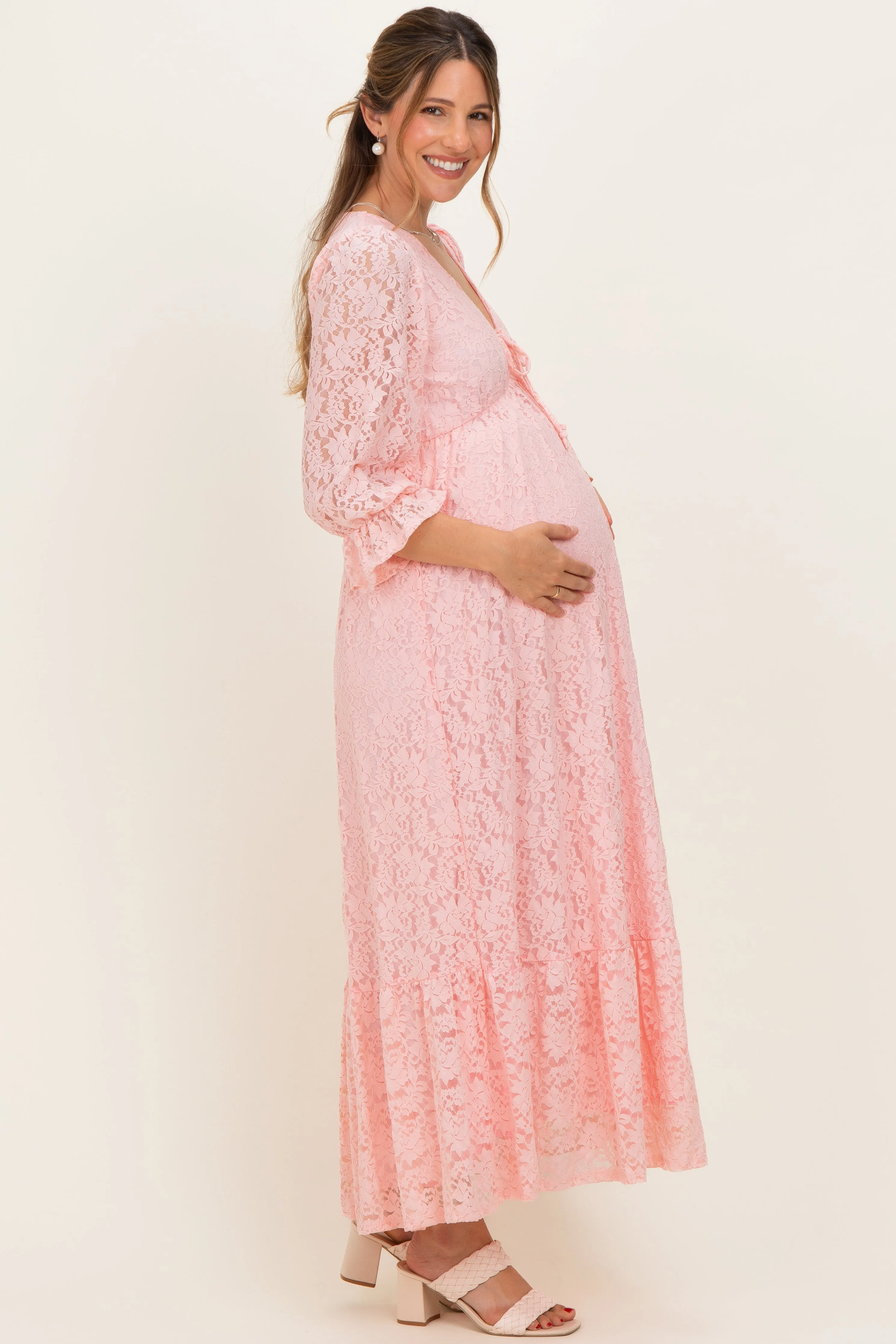 Light Pink Floral Lace 3/4 Ruffle Sleeve V-Neck Maternity Maxi Dress sold by Pinkblush product image thumbnail 2