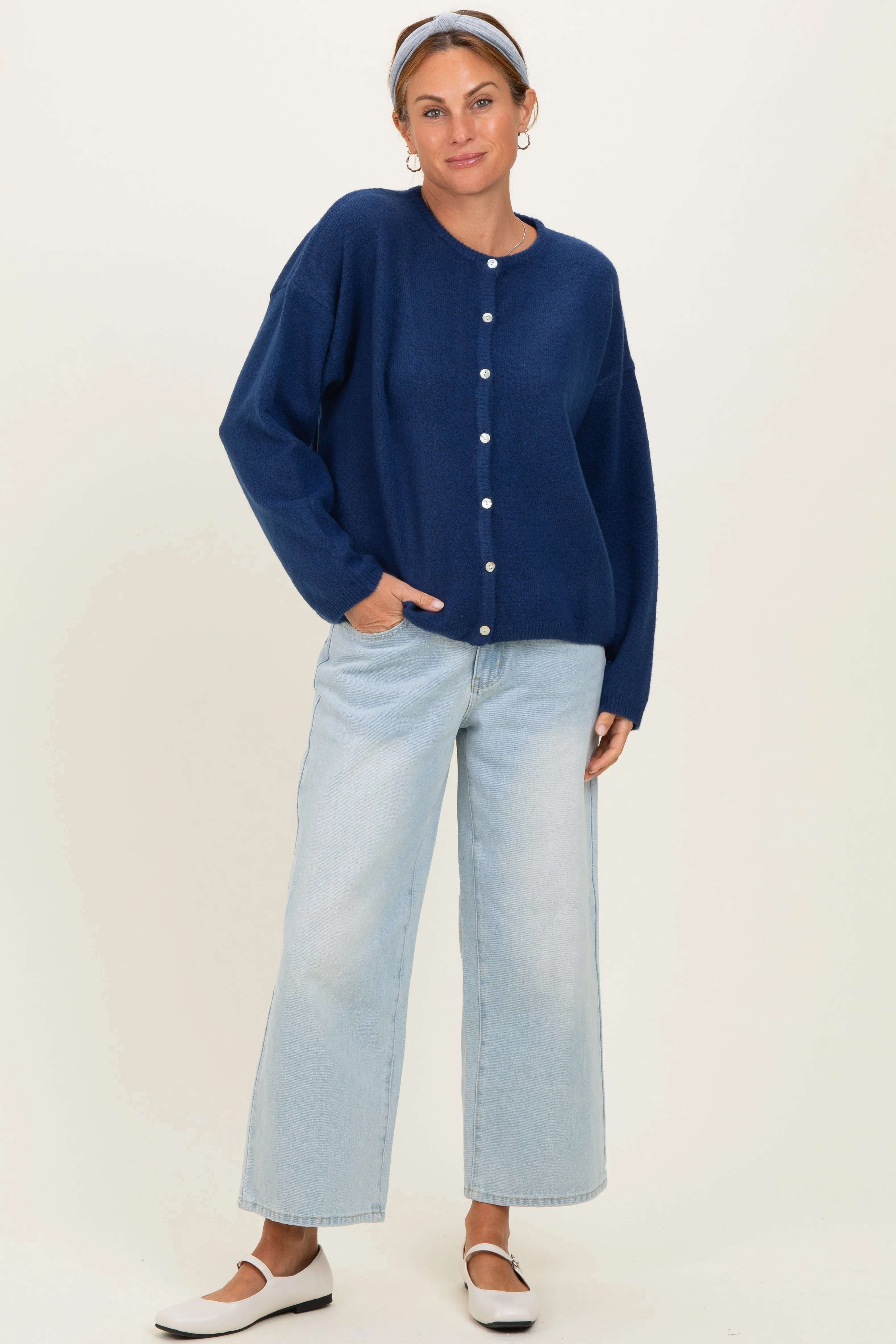 Navy Classic Crew Neck Button Cardigan sold by Pinkblush product image thumbnail 2