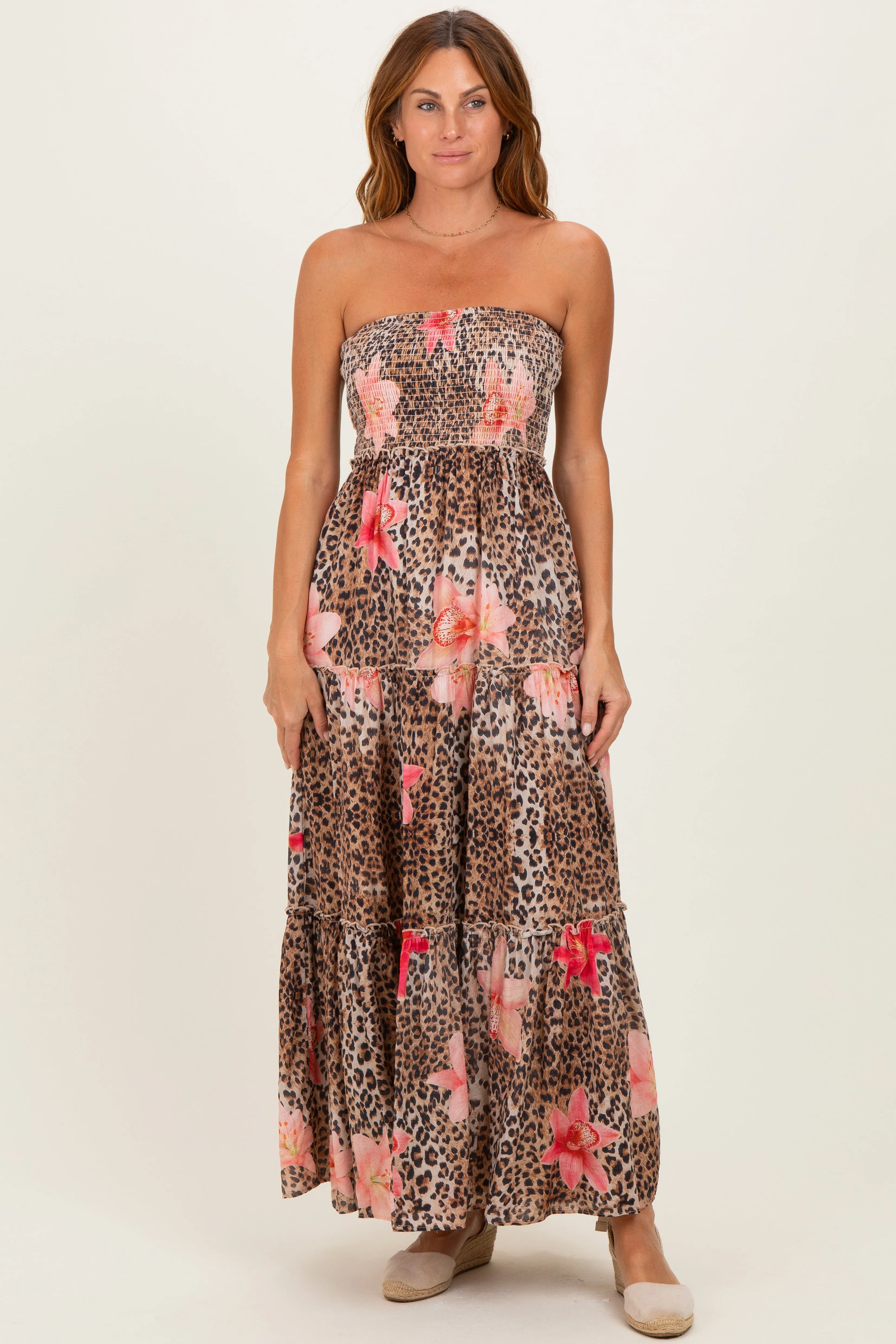 Mocha Animal Print Floral Smocked Strapless Maternity Maxi Dress sold by Pinkblush product image thumbnail 4