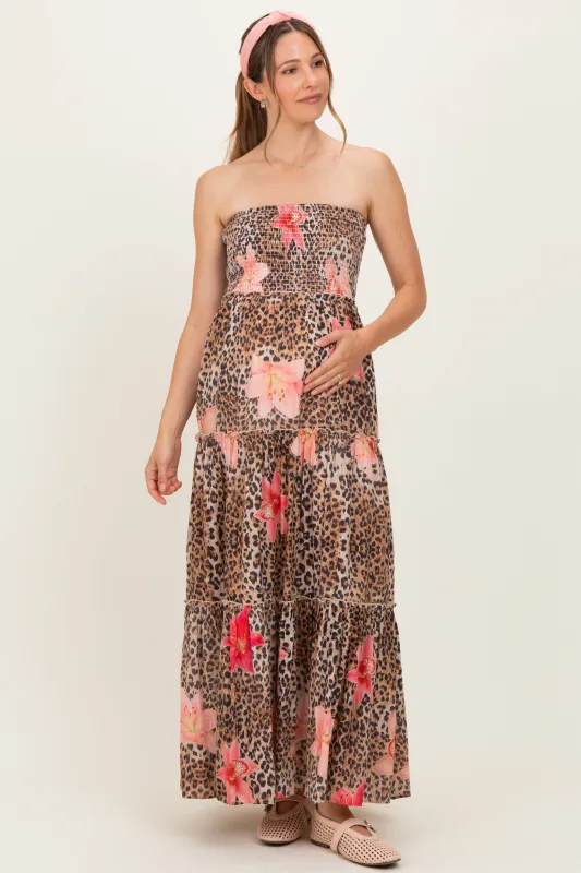 Mocha Animal Print Floral Smocked Strapless Maternity Maxi Dress made by Davi & Dani