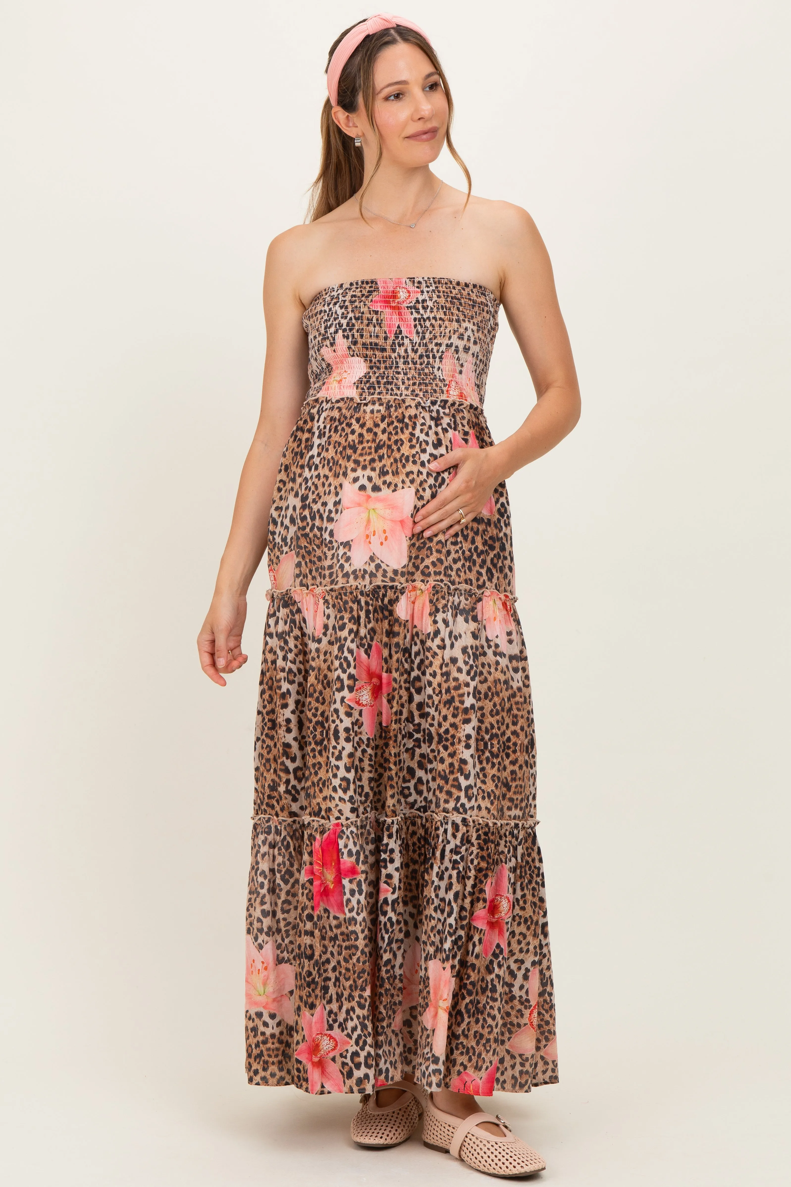 Mocha Animal Print Floral Smocked Strapless Maternity Maxi Dress sold by Pinkblush
