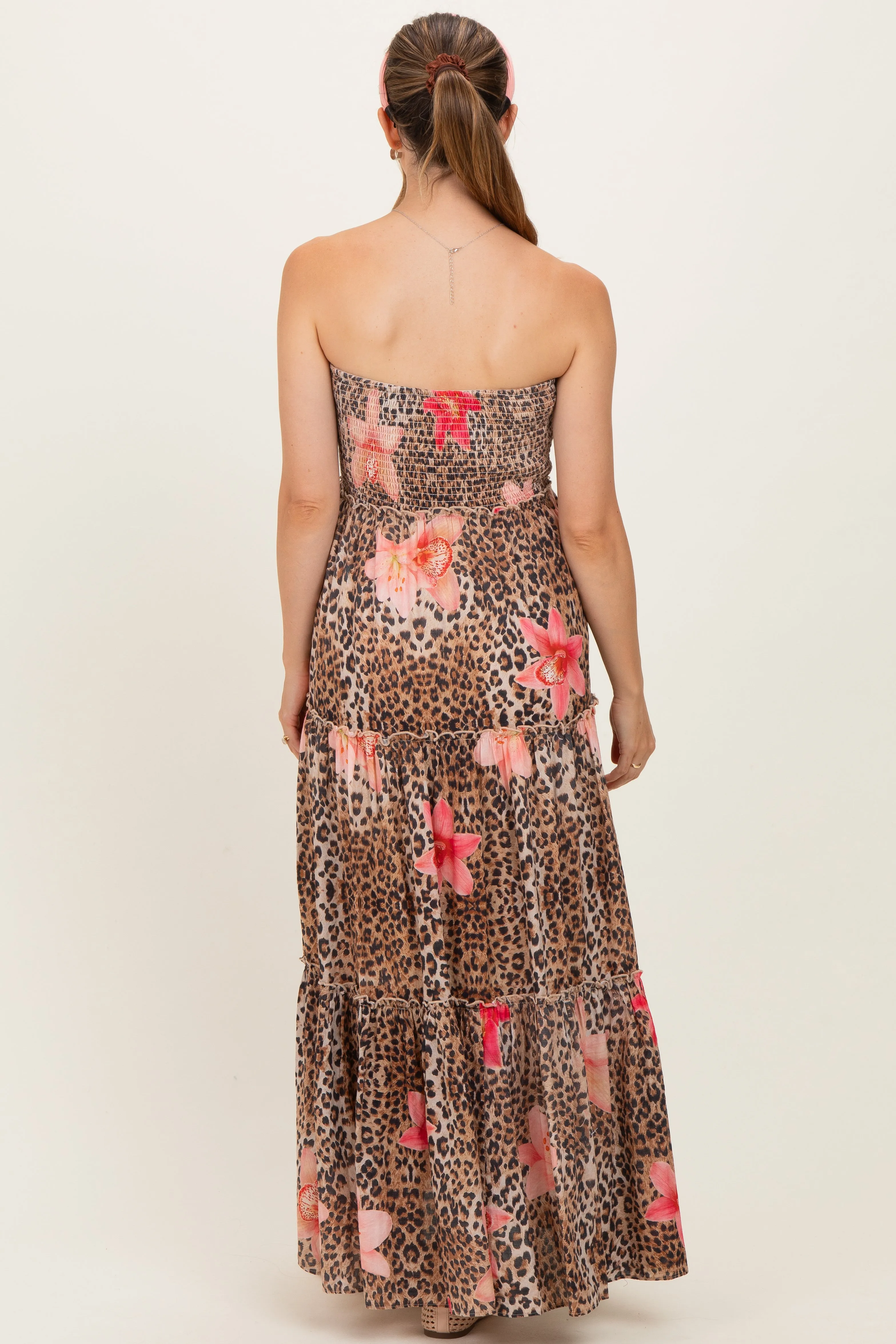Mocha Animal Print Floral Smocked Strapless Maternity Maxi Dress sold by Pinkblush product image thumbnail 3