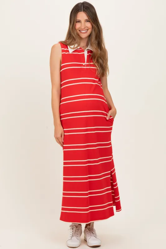 Red Striped Sleeveless Collared Maternity Midi Dress made by entro