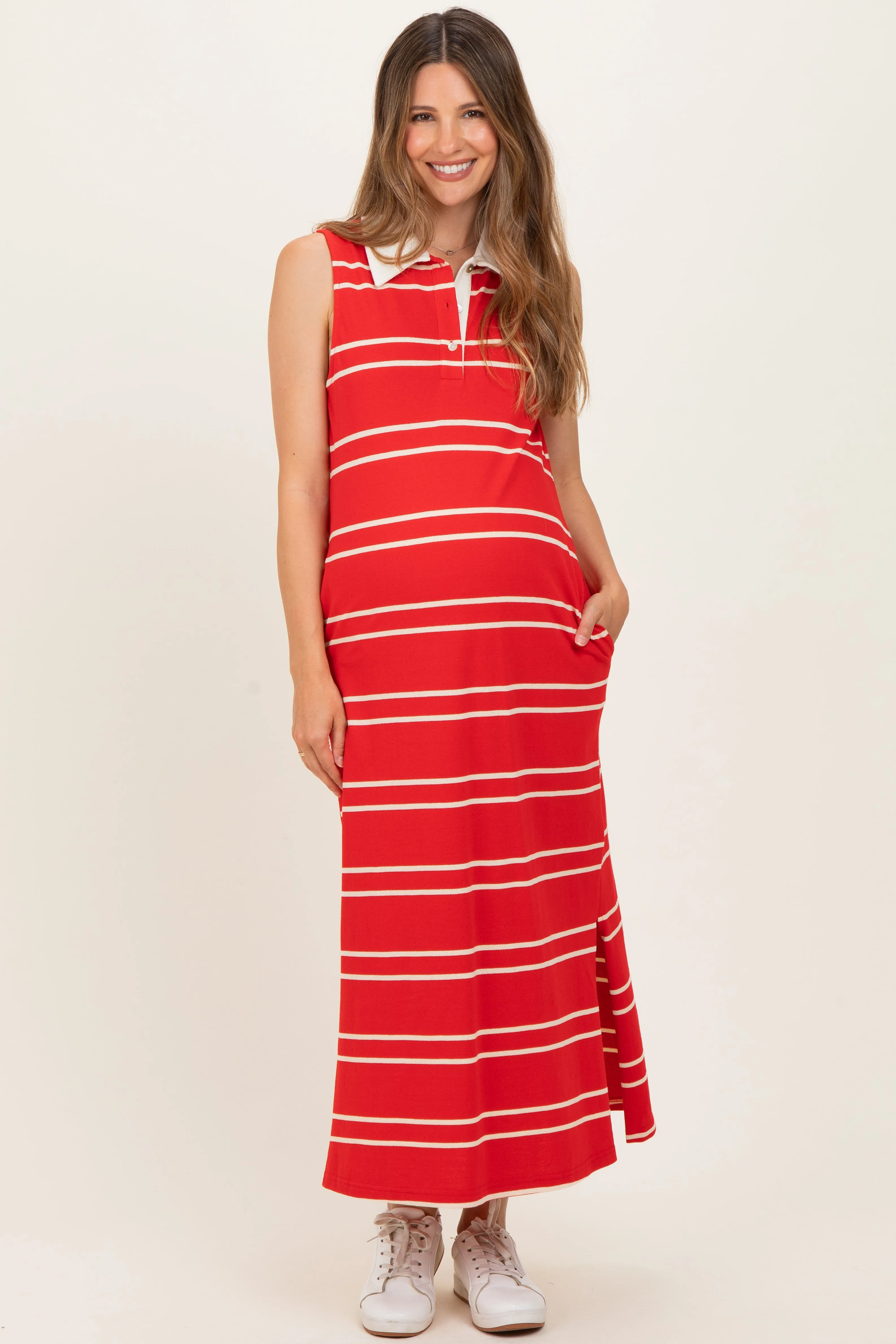 Red Striped Sleeveless Collared Maternity Midi Dress sold by Pinkblush