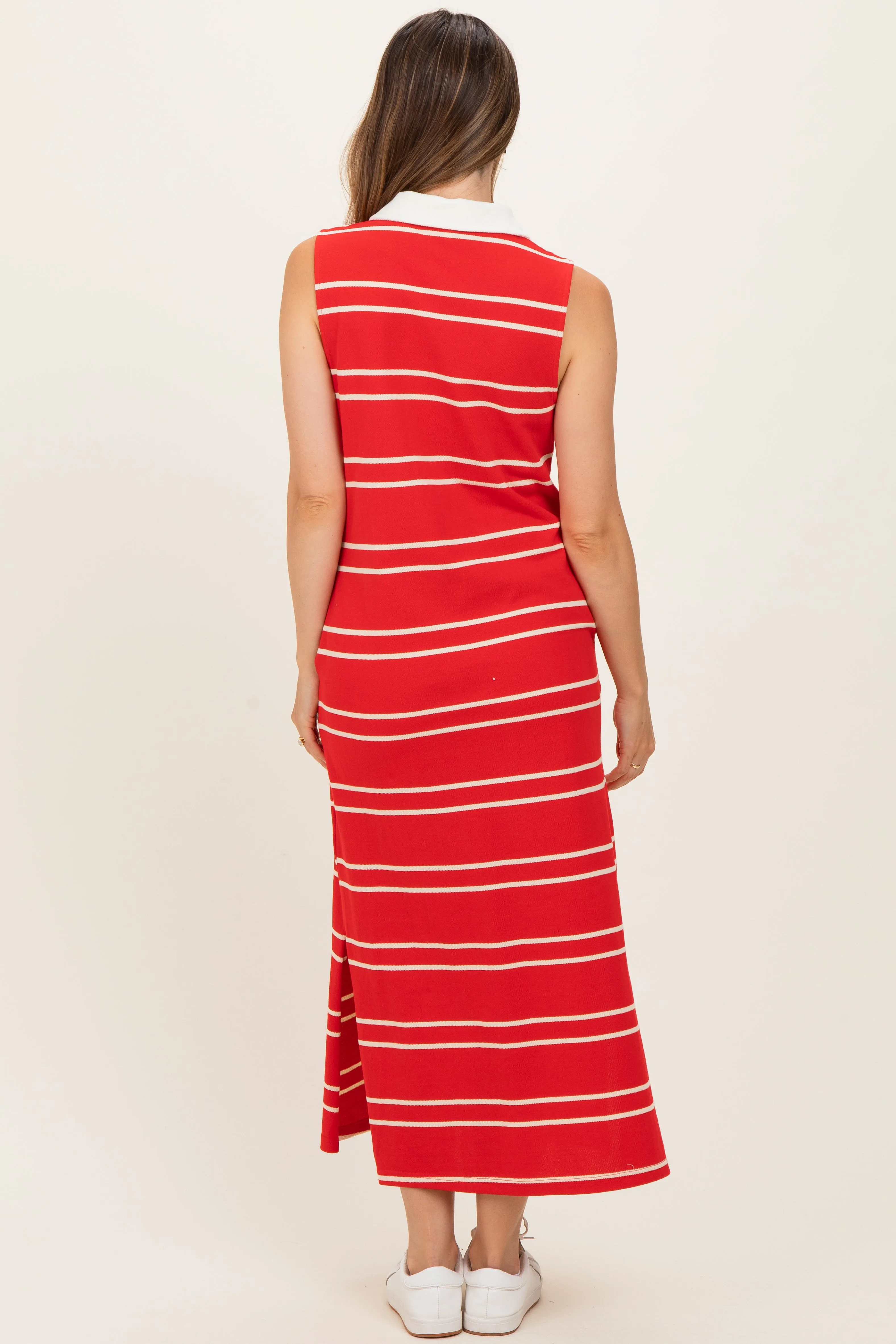 Red Striped Sleeveless Collared Maternity Midi Dress sold by Pinkblush product image thumbnail 3