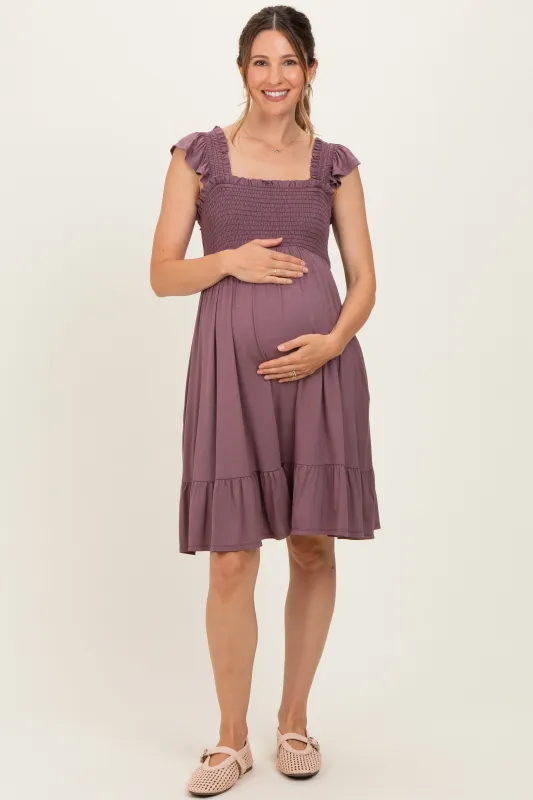 Plum Smocked Tiered Maternity Mini Dress made by Hello MIZ