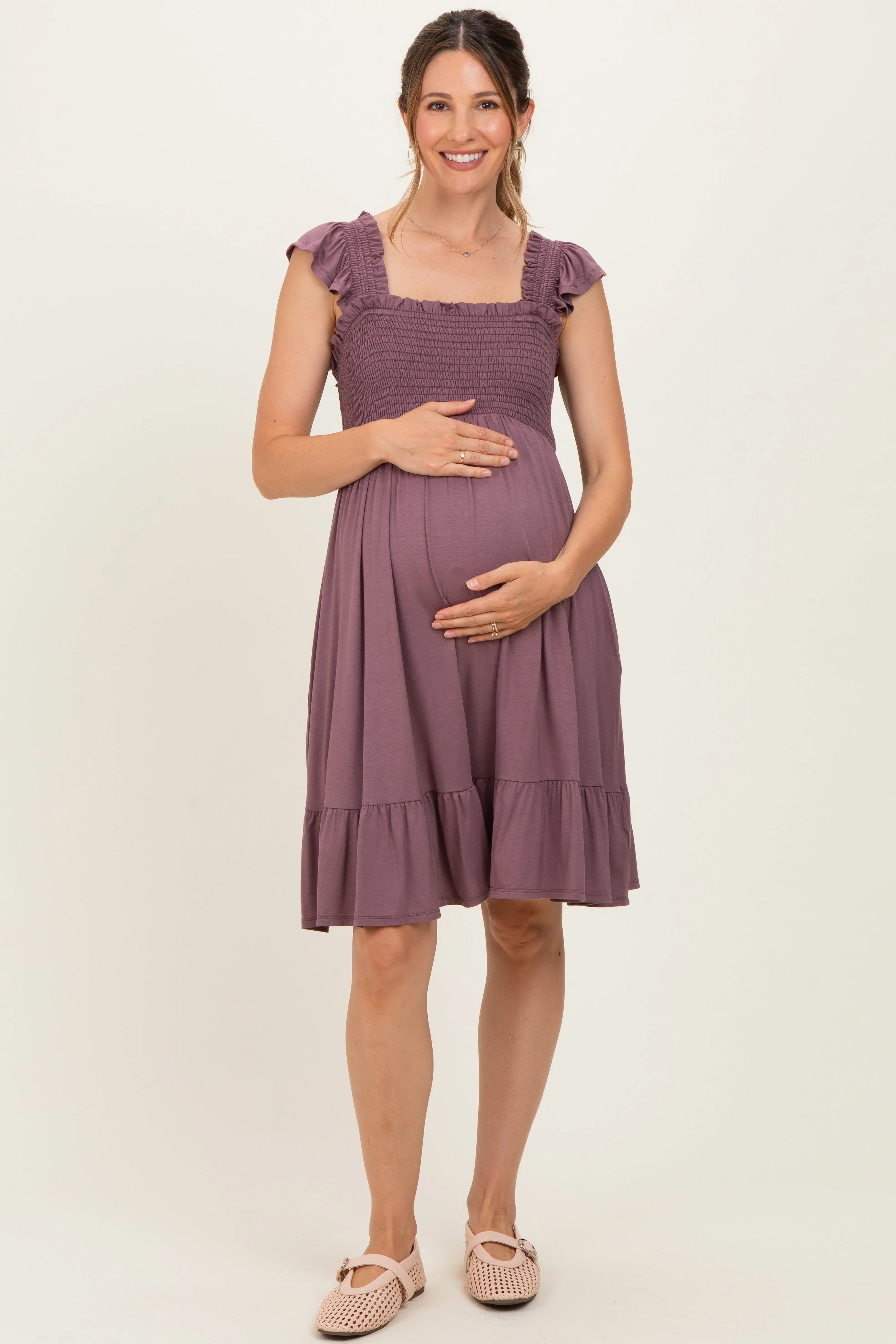 Plum Smocked Tiered Maternity Mini Dress sold by Pinkblush