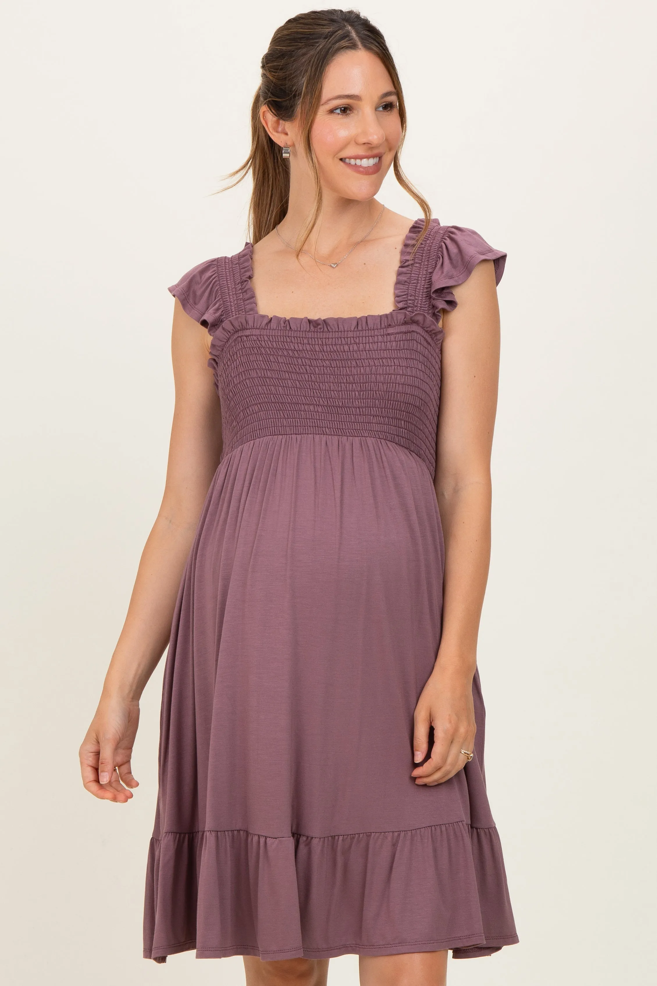 Plum Smocked Tiered Maternity Mini Dress sold by Pinkblush product image thumbnail 2