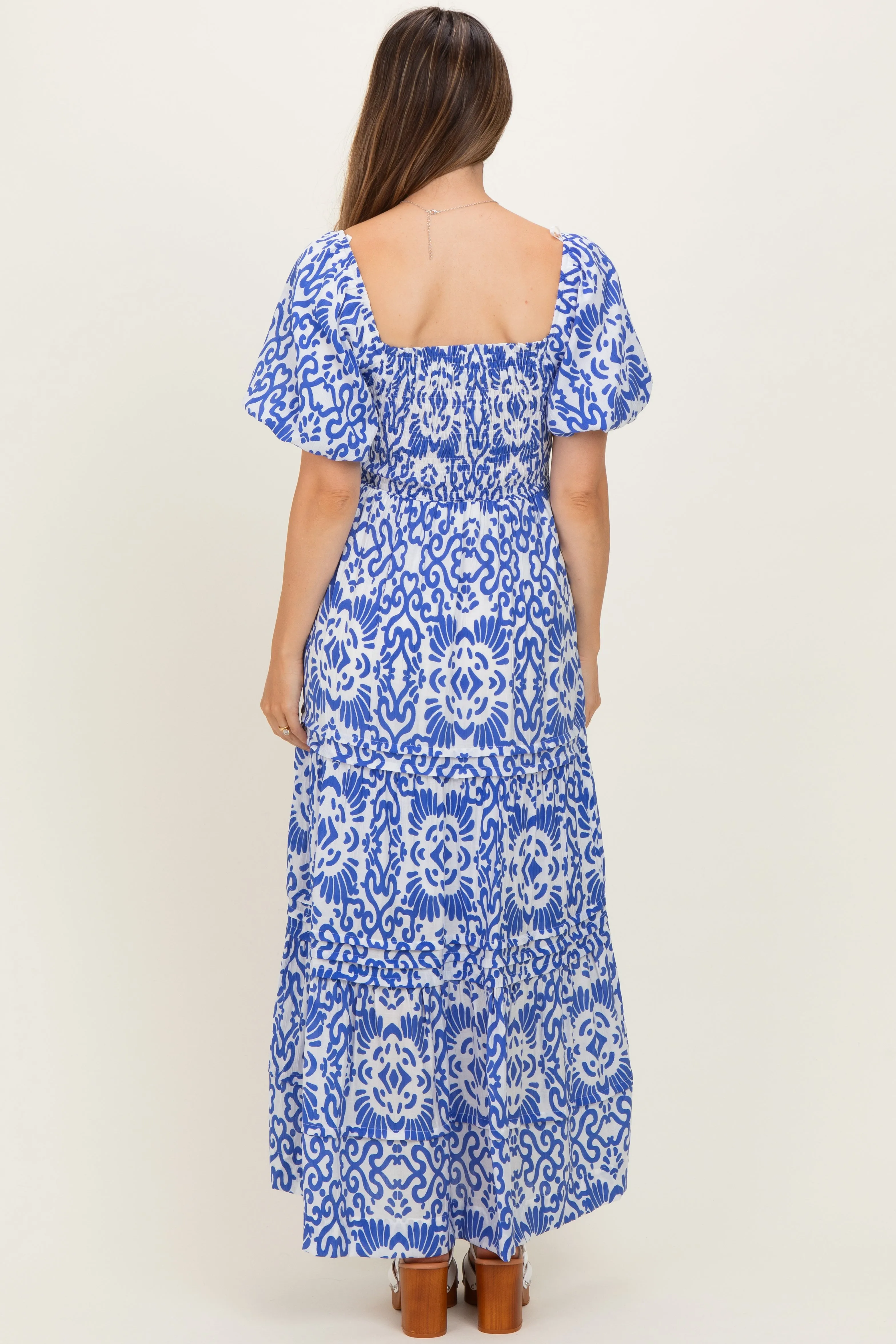 Royal Blue Printed Puff Sleeve Smocked Maternity Maxi Dress sold by Pinkblush product image thumbnail 3