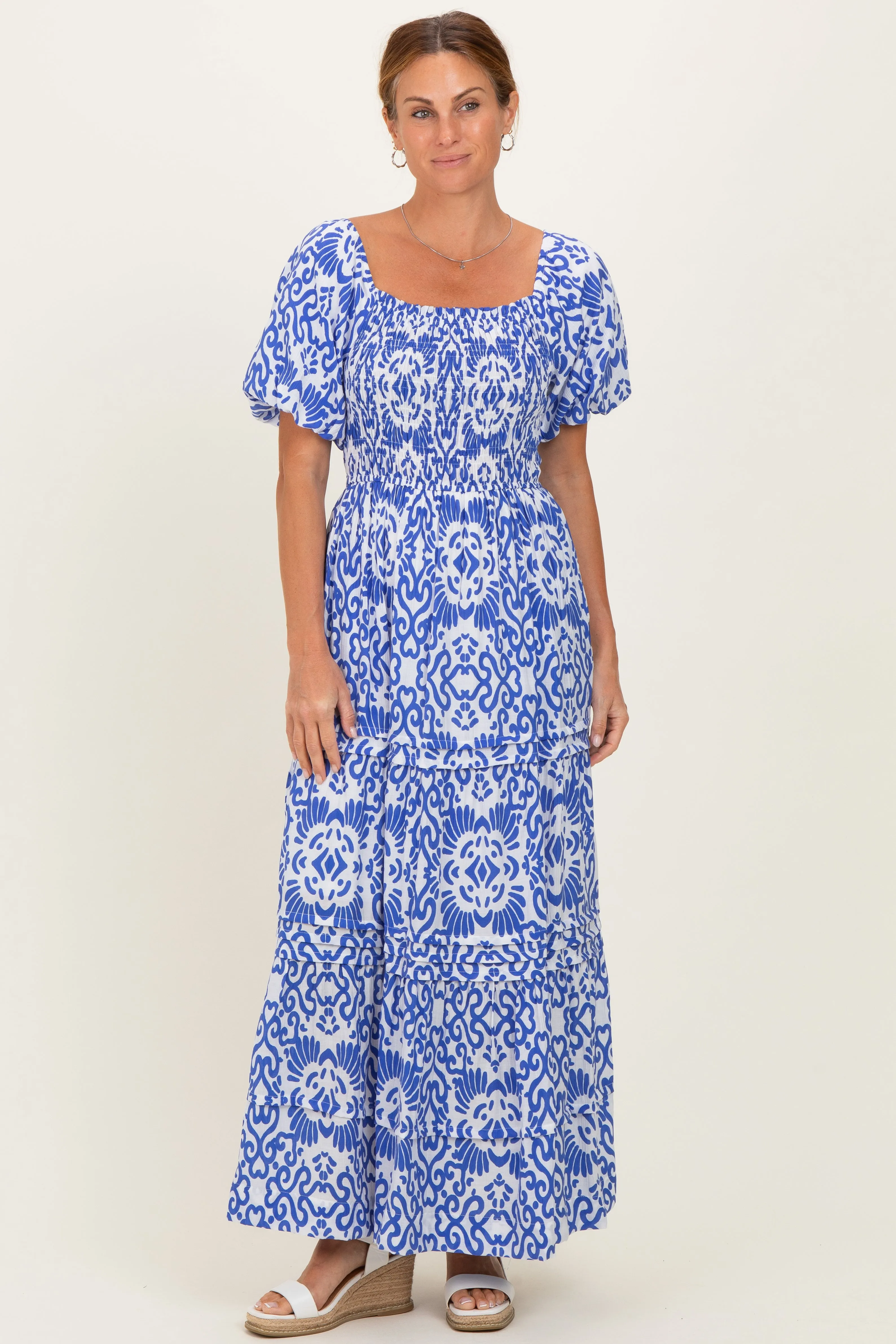 Royal Blue Printed Puff Sleeve Smocked Maternity Maxi Dress sold by Pinkblush product image thumbnail 4