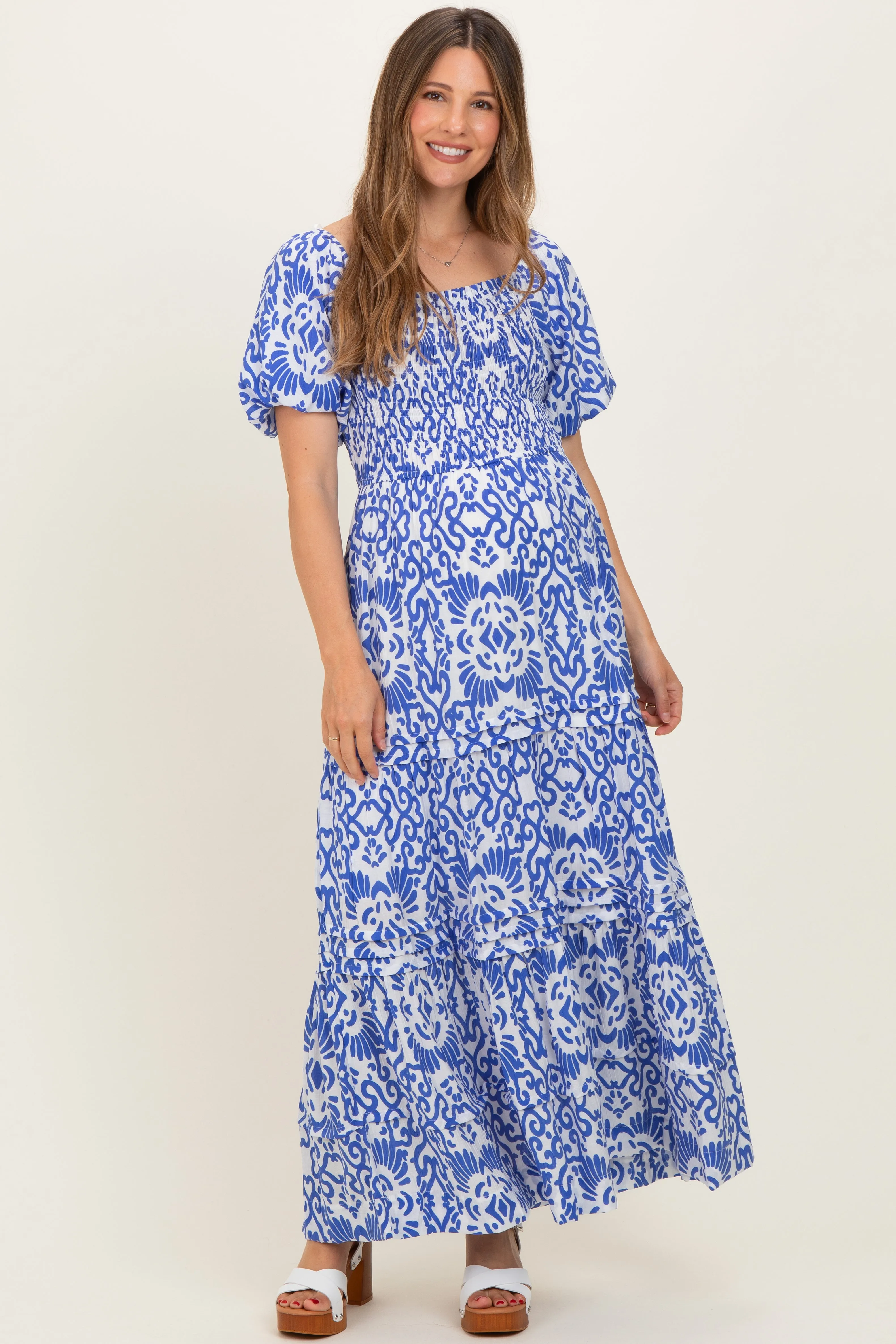 Royal Blue Printed Puff Sleeve Smocked Maternity Maxi Dress sold by Pinkblush