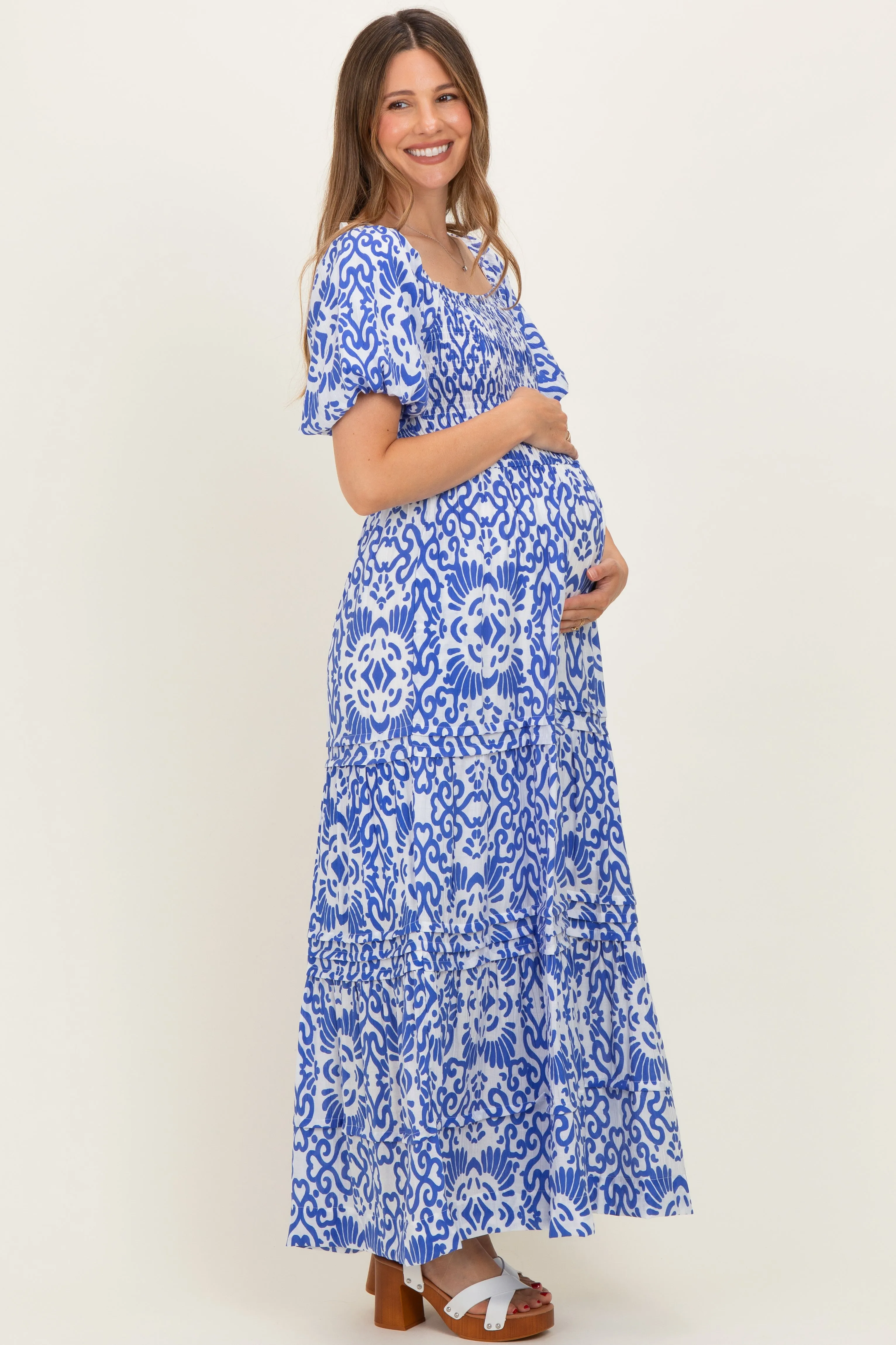 Royal Blue Printed Puff Sleeve Smocked Maternity Maxi Dress sold by Pinkblush product image thumbnail 2