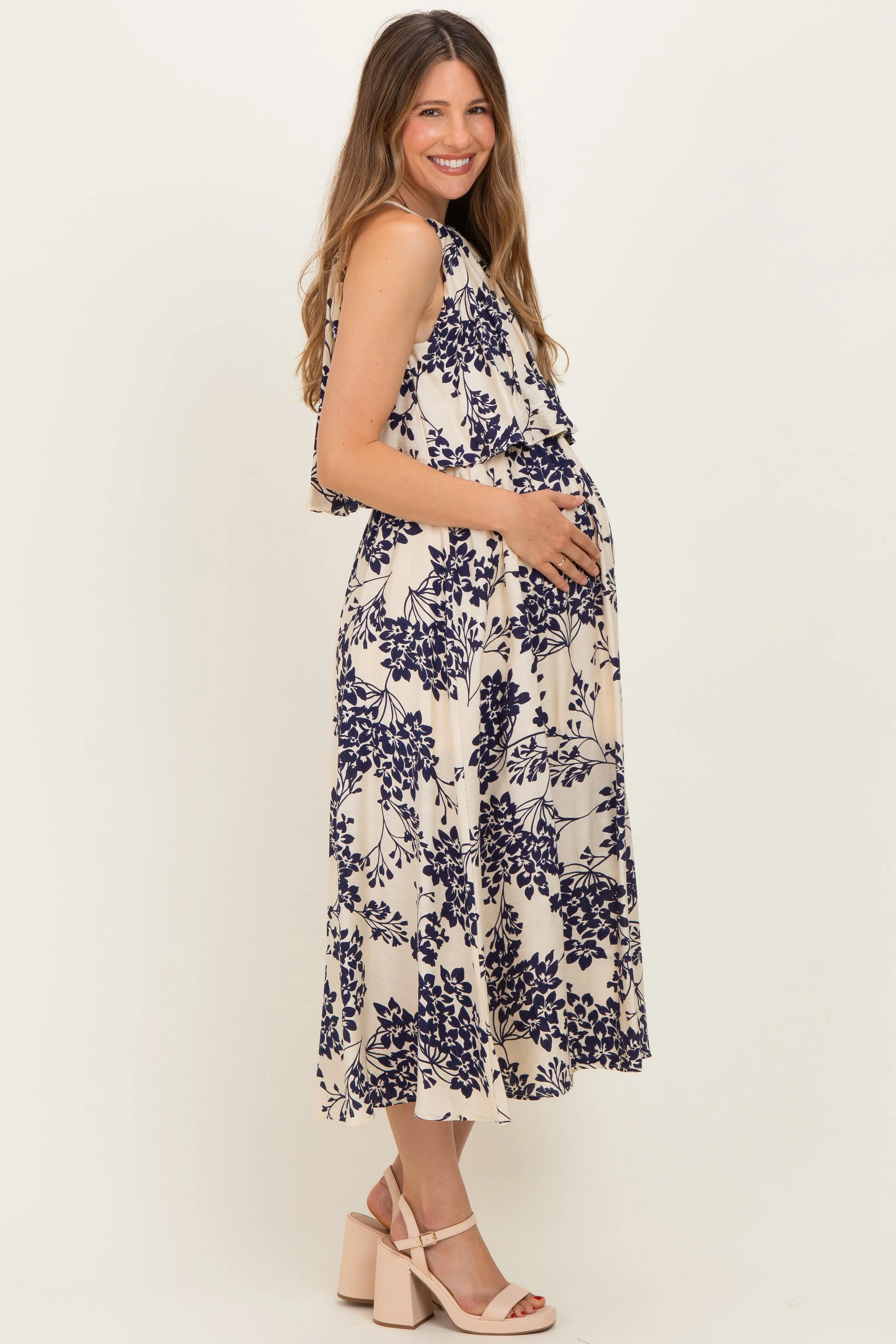 Navy Floral Flounce Halter Maternity Midi Dress sold by Pinkblush product image thumbnail 2